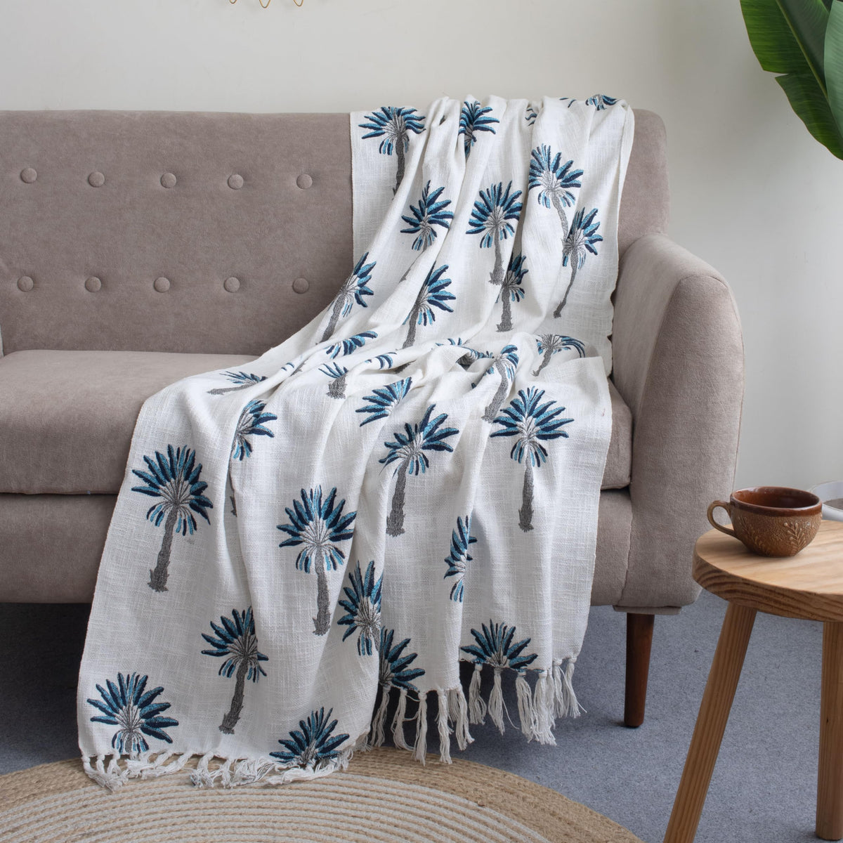 DMAASA Hand Block Printed 100% Cotton Soft Lightweight Sofa Throw with Tassels - Blue Palm Tree Design Decorative Couch Throws for Living Room, Bed & Travel (White, 50x70 Inches) Kafalo