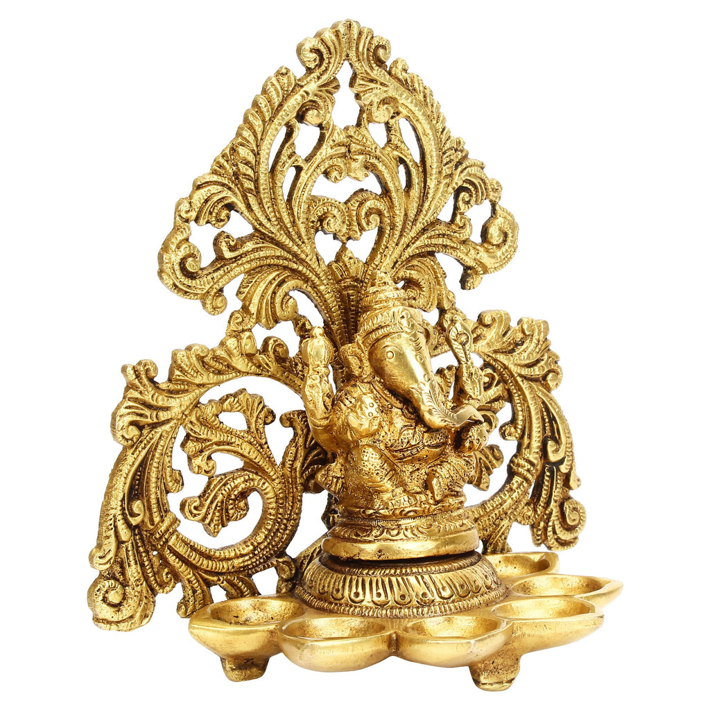 Svarup Brass Ganesha 5 Wicks Diya Wall Hanging Diya Lord Ganesh Oil Lamp Deepak Showpiece Decor Gift Diwali 6.5 Inch
