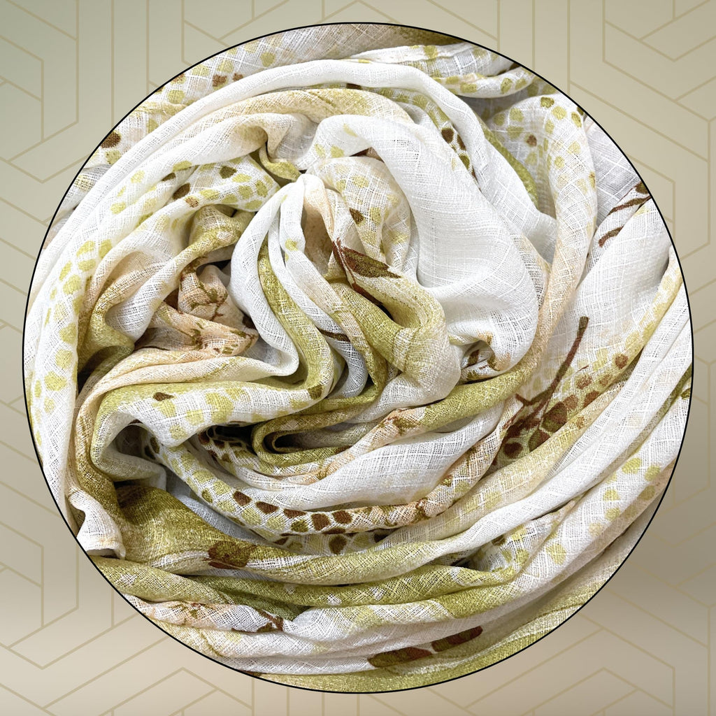 FAHABO Scarf Woman Floral Print Premium Mal Mal Textured Cotton Scarves with Tassels | Hijab Scarf | Headscarf | Neck Scarf | Stoles | Wraps | Size 71 L x 33 W (Elegance Olive Green, Brown)