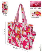 NIKAVIK 1 Tote Bags and 3 Pouch Quilted fabric Handblock Printed Tote Bag(with zip) and bottle compartment with Matching Pouches (Pink)