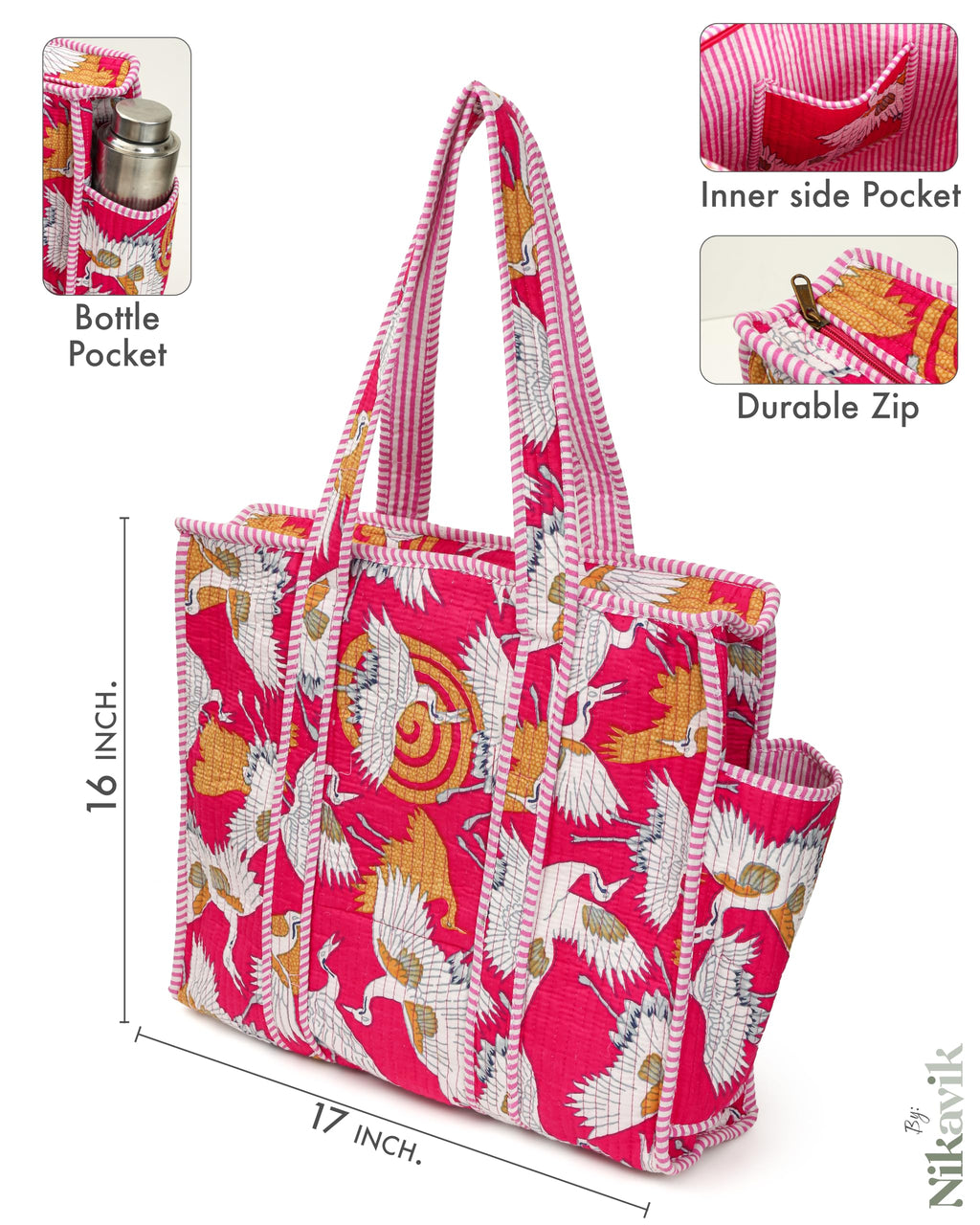 NIKAVIK Quilted Cotton Tote bag – Exotic Animal Print Foldable and Ideal for Travel Shopping Beach Trips or Daily Essentials (Pink Bird)