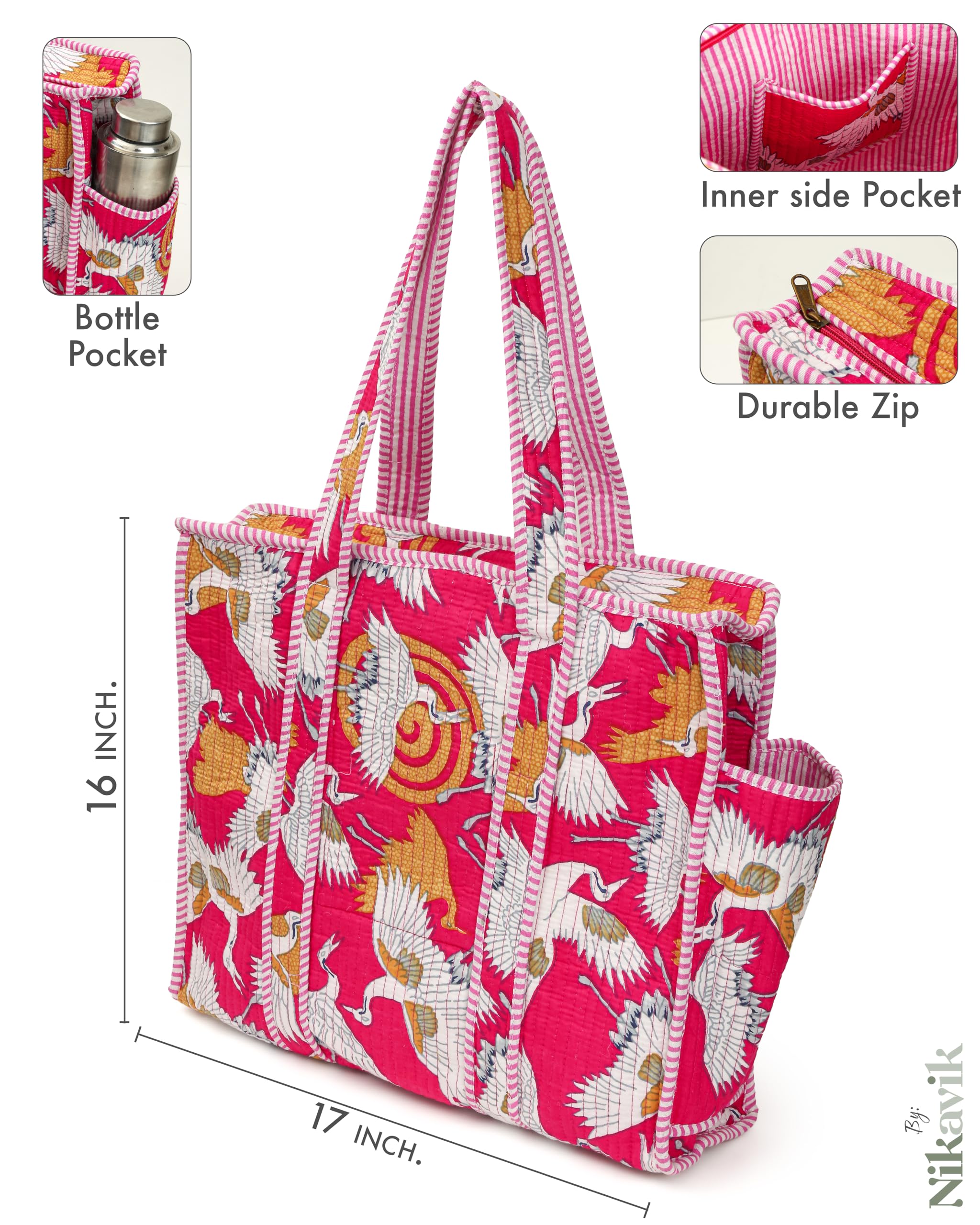 NIKAVIK Quilted Cotton Tote bag – Exotic Animal Print Foldable and Ideal for Travel Shopping Beach Trips or Daily Essentials (Pink Bird)