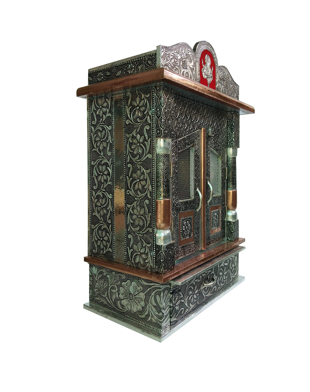 Brilliant Home Designs Wood Aluminium and Copper Oxidized Home Temple (L-12, B-7 inches)