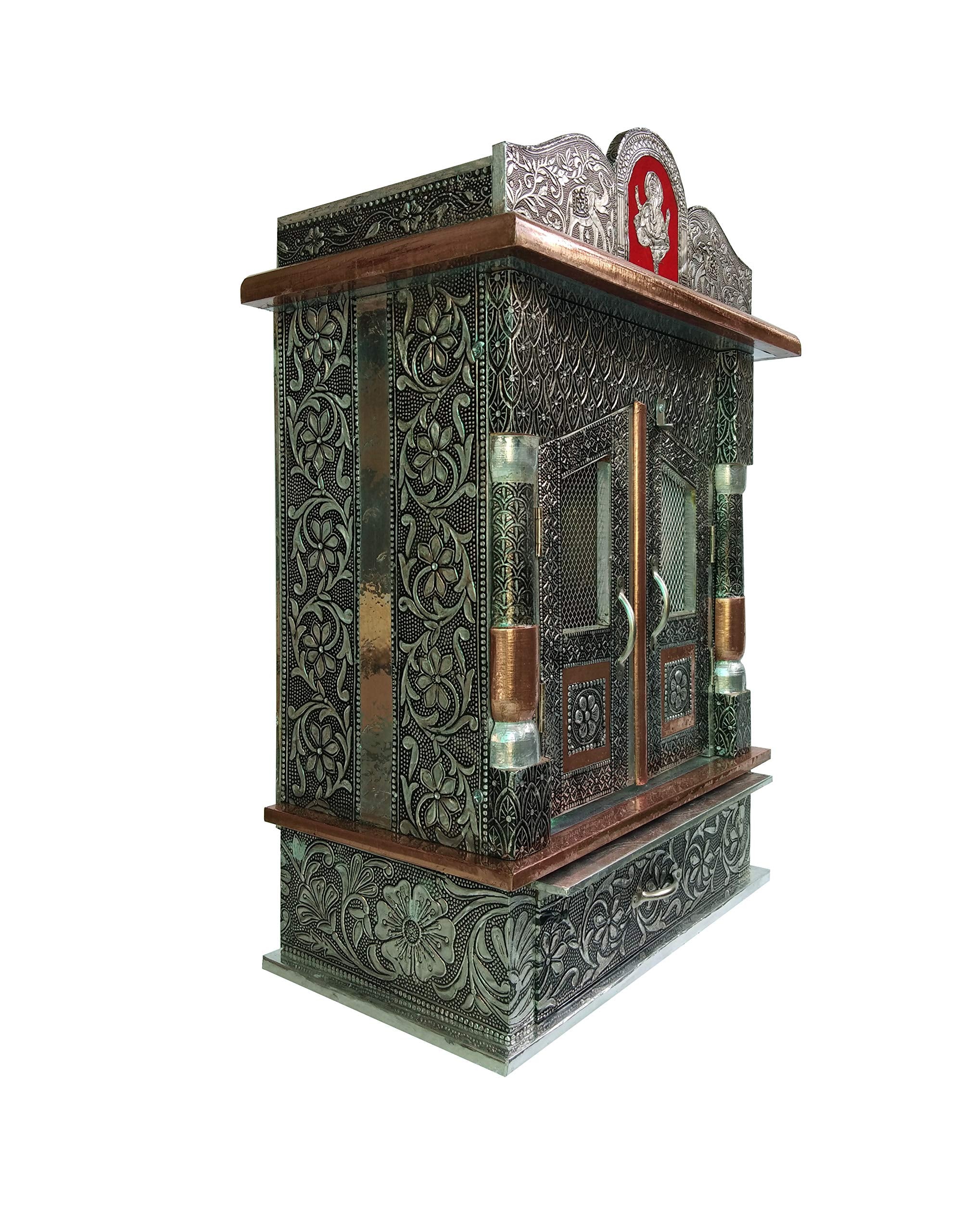 Brilliant Home Designs Wood Aluminium and Copper Oxidized Home Temple (L-12, B-7 inches)