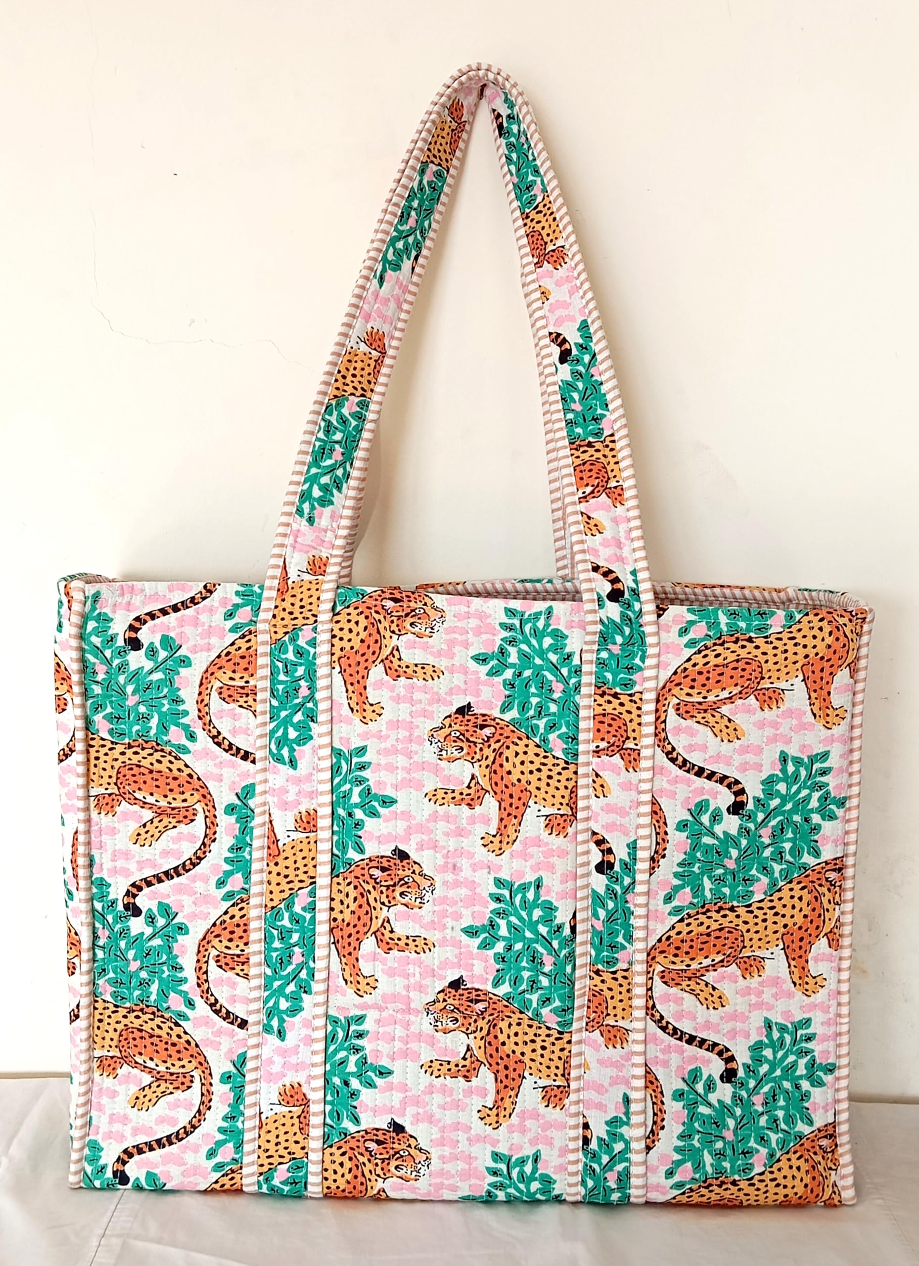 Cotton Tote bag for Women | Shoulder Bag | Reversible Bag | Durable Shopping bag | Reusable Grocery Bags | Eco friendly Bags| Handmade Cotton Bag | Stylish Quilted handBag (Tiger)