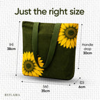 REFLAIRA 300 GSM Cotton Canvas Tote Bag with Hidden Zipper | Sunflower Printed Shoulder Bag | Reusable Eco Friendly College Office Shopping Tote for Women