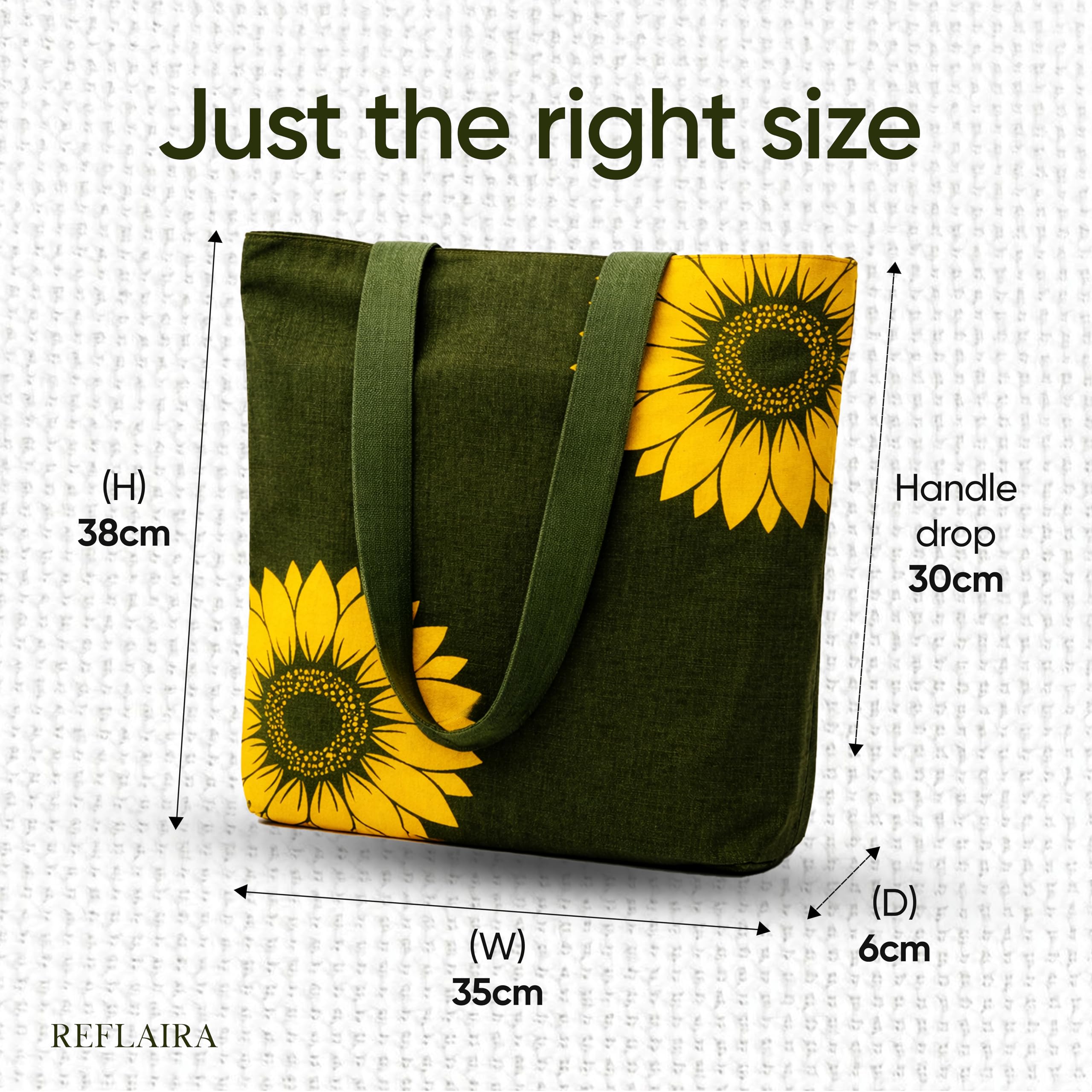 REFLAIRA 300 GSM Cotton Canvas Tote Bag with Hidden Zipper | Sunflower Printed Shoulder Bag | Reusable Eco Friendly College Office Shopping Tote for Women