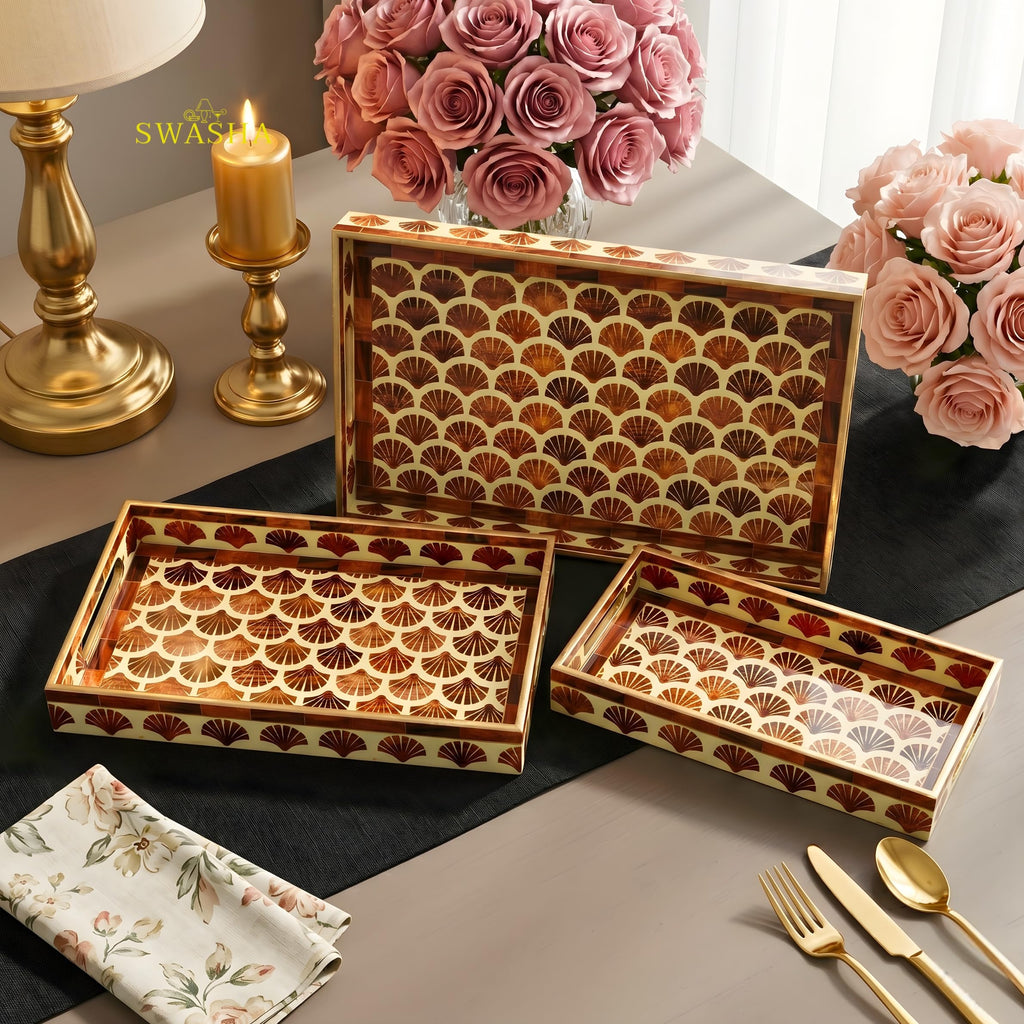 Swasha MDF Resin Decorative Tray, Set of 3, Ivory, Polished Finish, Rectangular, Modern Style, Nesting Serving Trays for Vanity and Dining (Brown Ivory)