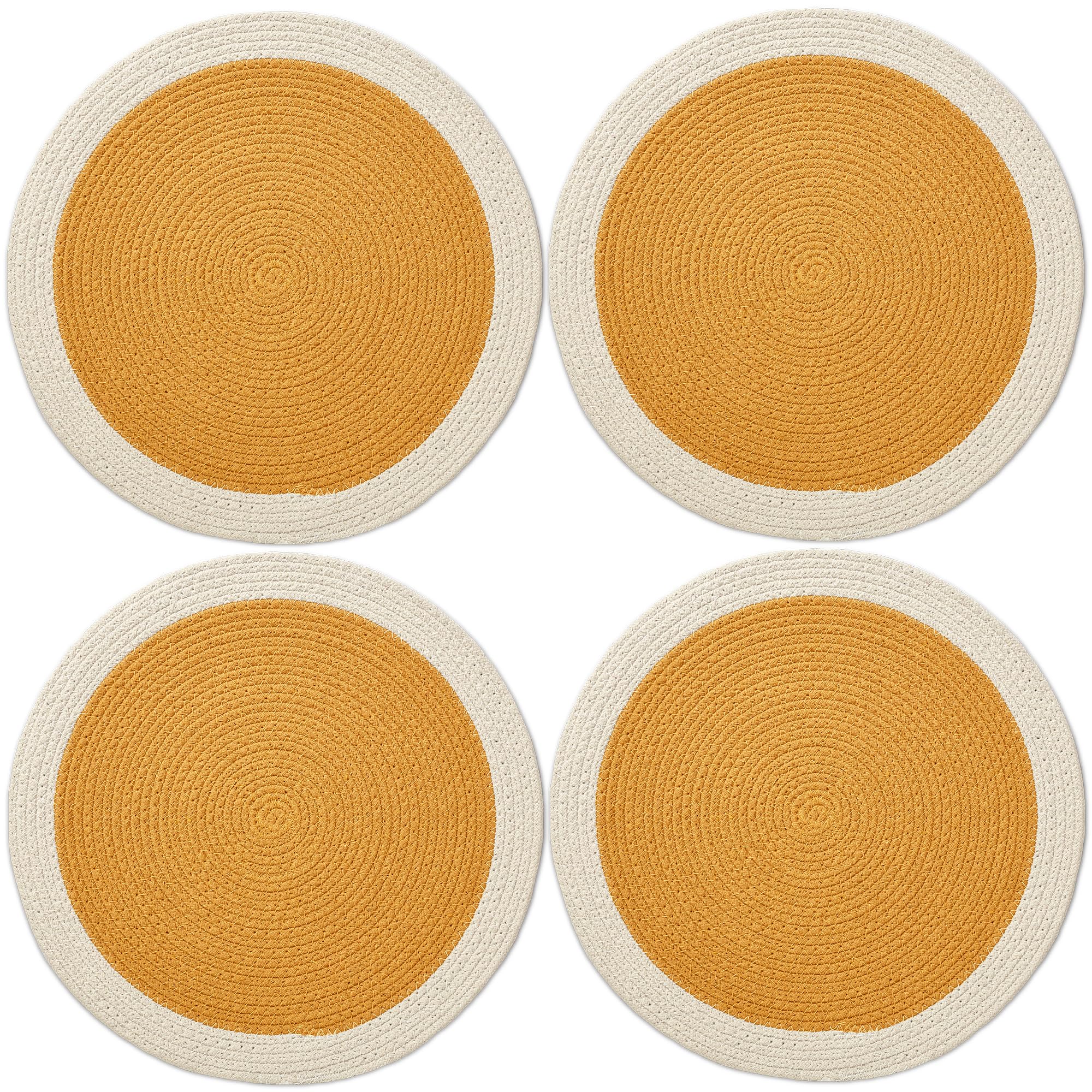 Encasa XO Dining Table Mats, Round Ribbed Cotton, Heat Resistant Yellow Kafalo