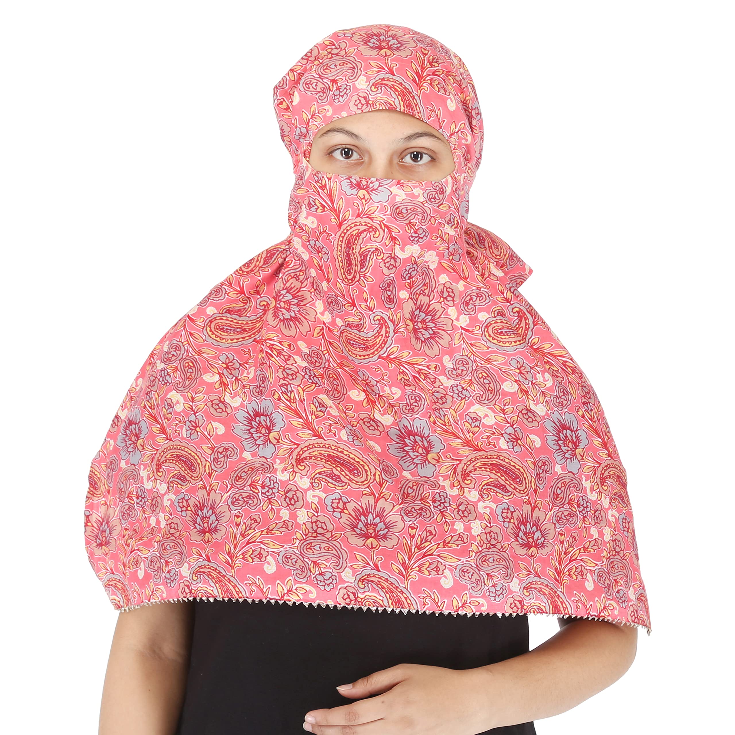 DEEPNYRA - LIVING STYLE Female Cotton Scarf Face Full Covering With Mask Head Hair Wrap Sun Protection For Women Printed Square All Season Wear (Pink)