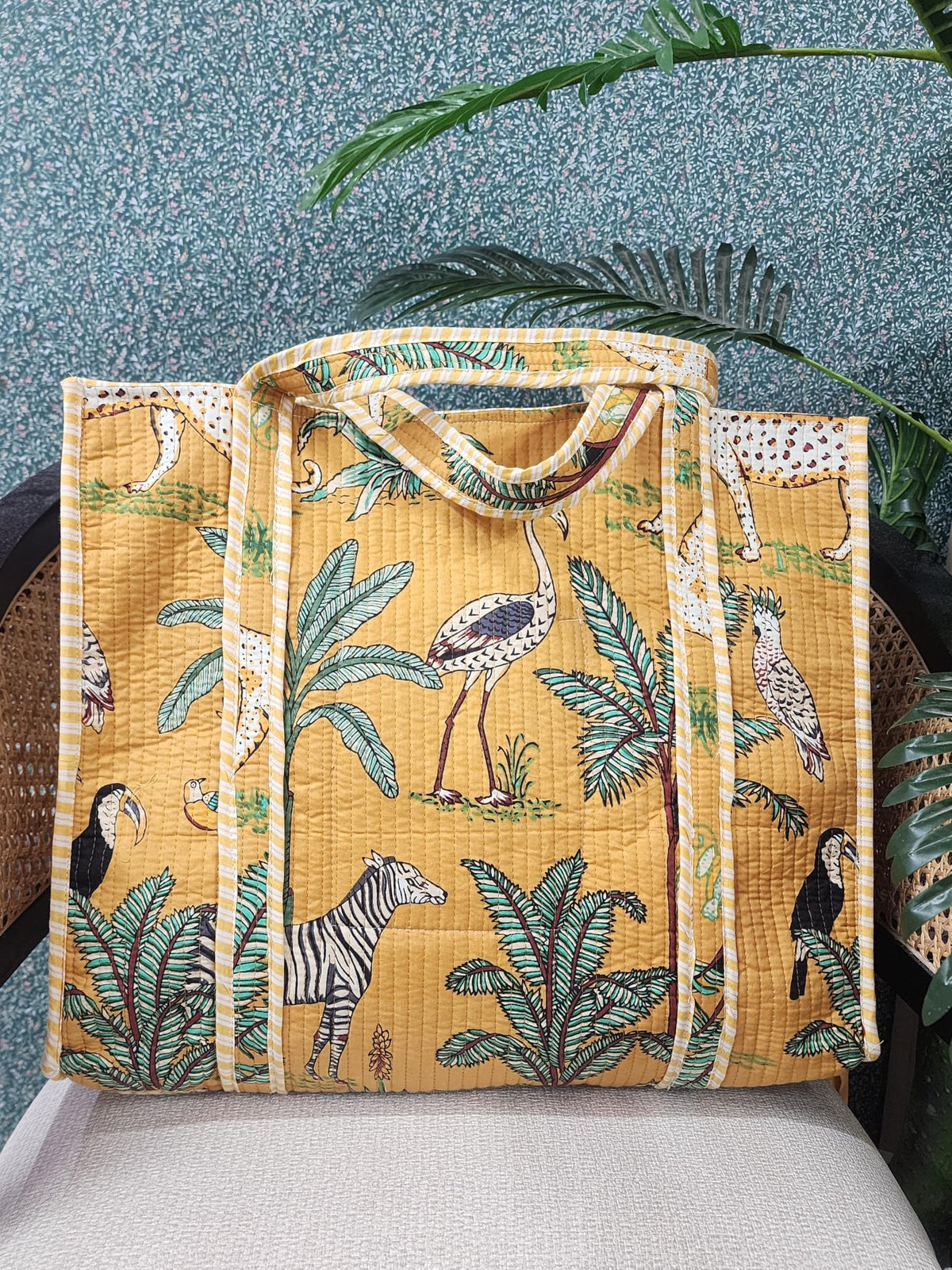 HOUSE OF GULAB Tote Bag with Long Handler & Inside Pocket (Yellow & Green)