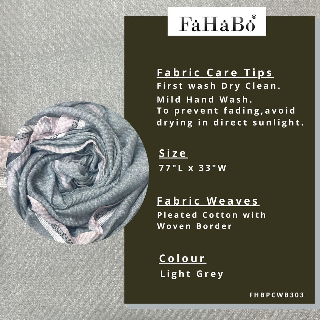 FAHABO Scarf Woman Pleated Cotton with Woven Border Scarves | Hijab Scarf | Headscarf | Neck Scarf | Stoles | Wraps (Light Grey)