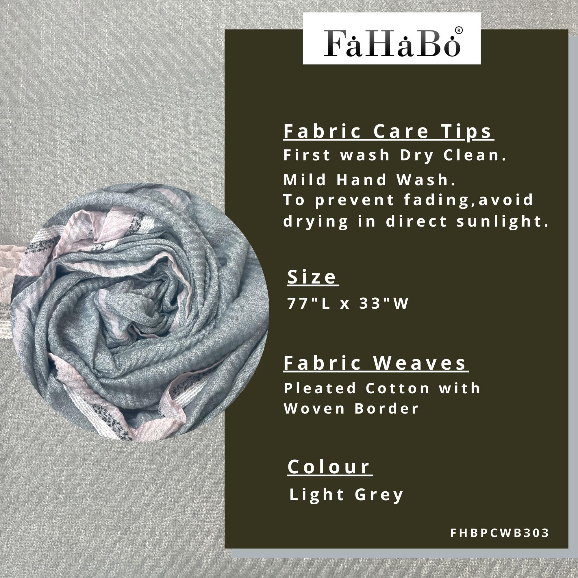 FAHABO Scarf Woman Pleated Cotton with Woven Border Scarves | Hijab Scarf | Headscarf | Neck Scarf | Stoles | Wraps (Light Grey)