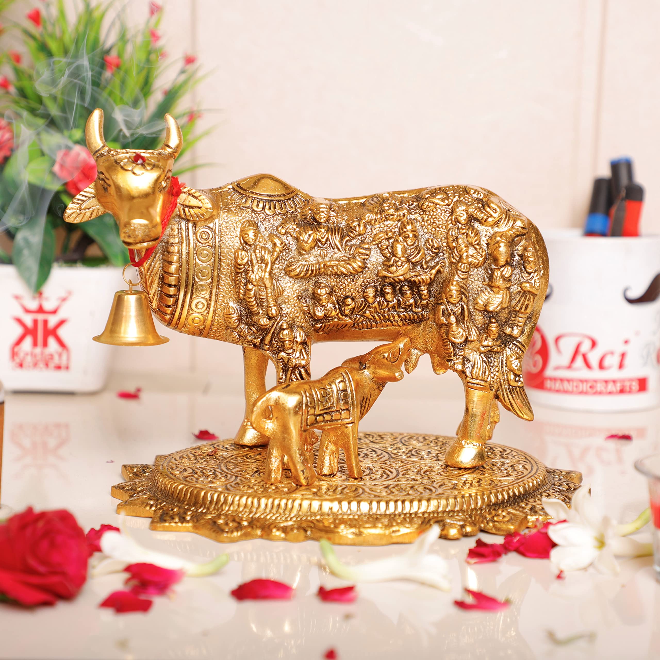 Kamdhenu Cow with Calf Idol for Home Decor | Metal Cow Statue with Intricate Embossed Design | Vastu & Pooja Decorative Showpiece | Temple, Office, Housewarming & Gift Item
