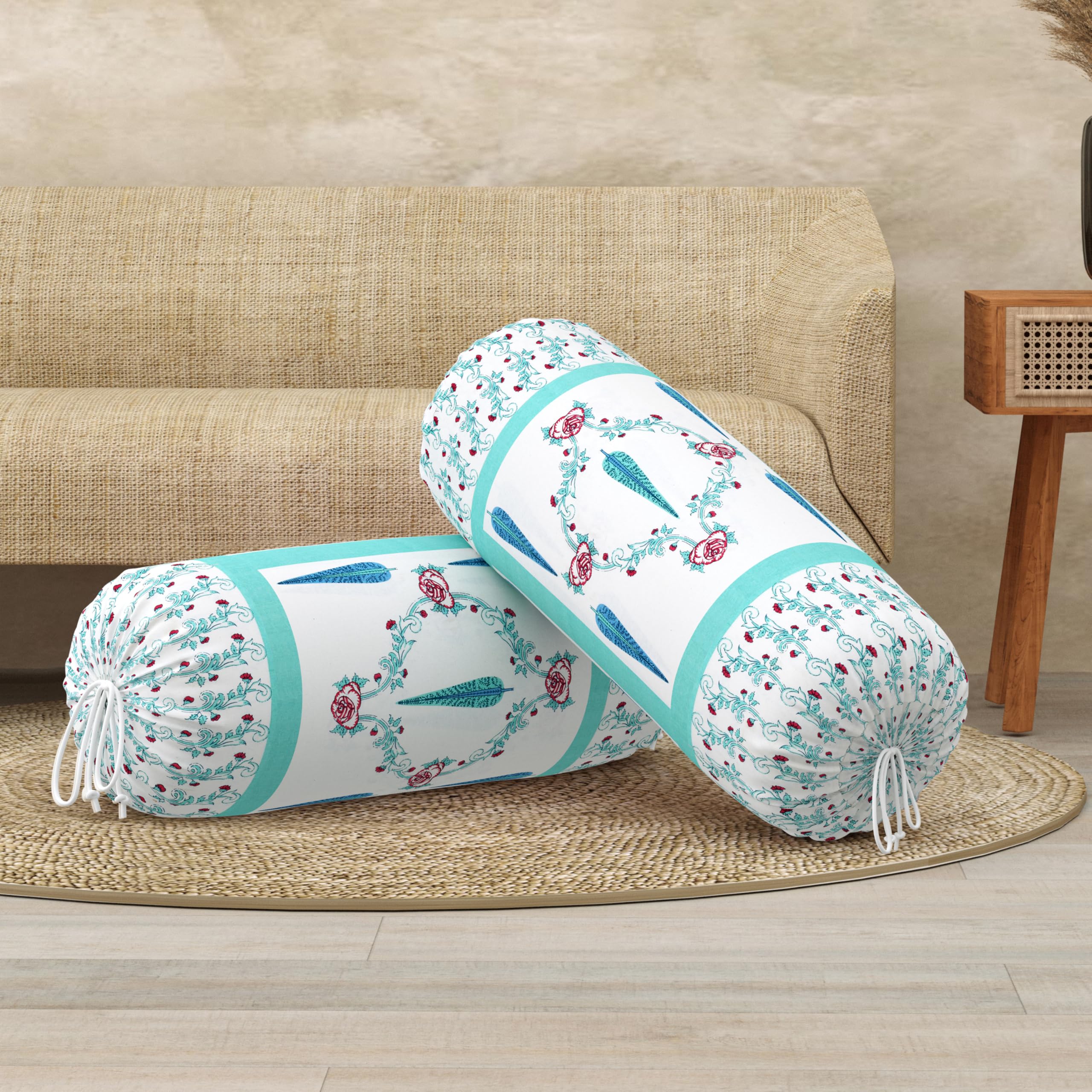 BLOCKS OF INDIA Cotton Hand Block Printed Bolster Cover | Booster Cover with Drawstring | Round Long Pillow Cover for Bed | Dewan Pillow Cover Set 16 X 32 | Set of 2 (Turq Patti)