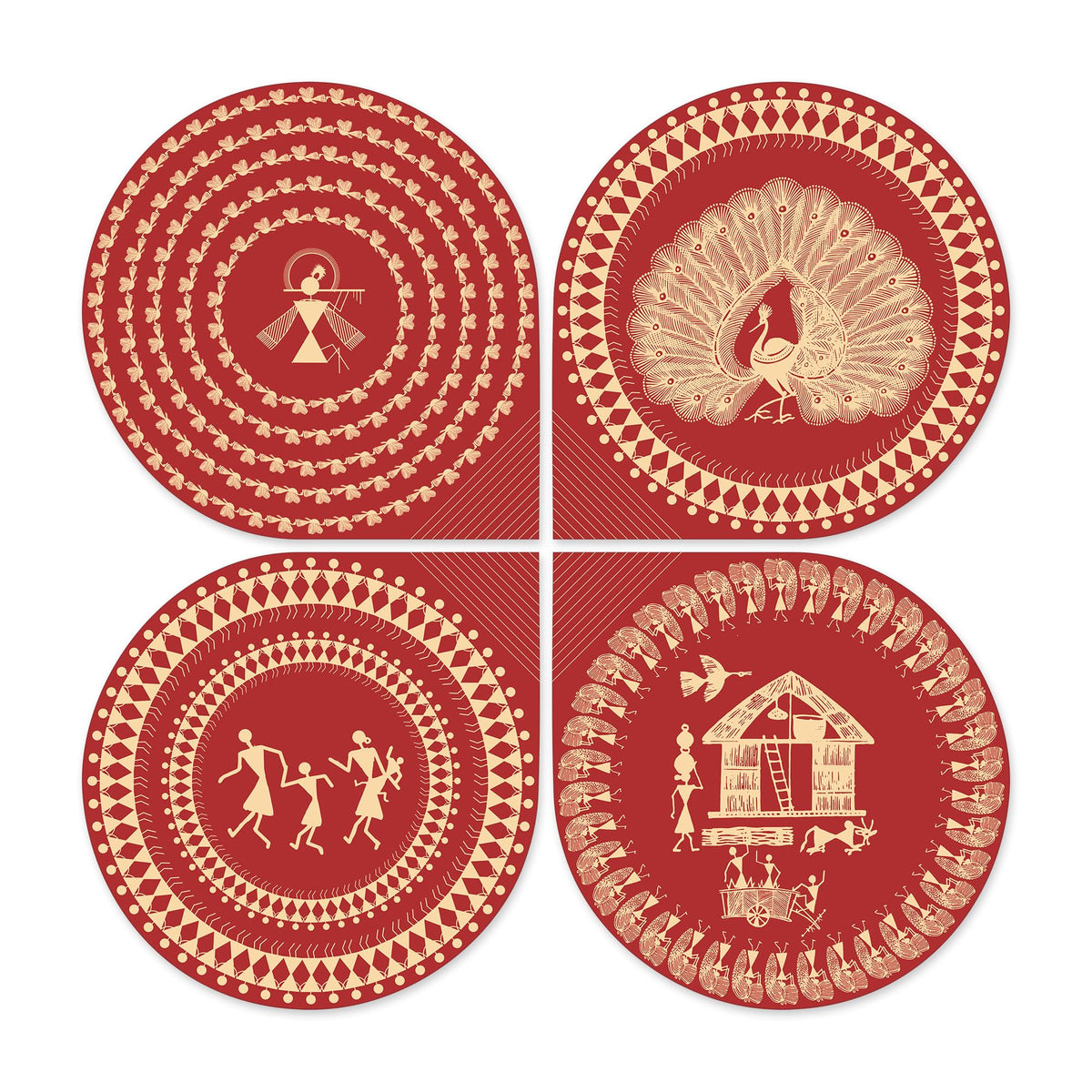 Artvibes Ancient Village Warli Art Decorative Wall Art MDF Wooden Wall Hanger for Living Room | Festive Decor Art | Wall Sculpture | Scenery | Wall Art Print | Unique Gift Items (WH_8466N), Set of 4