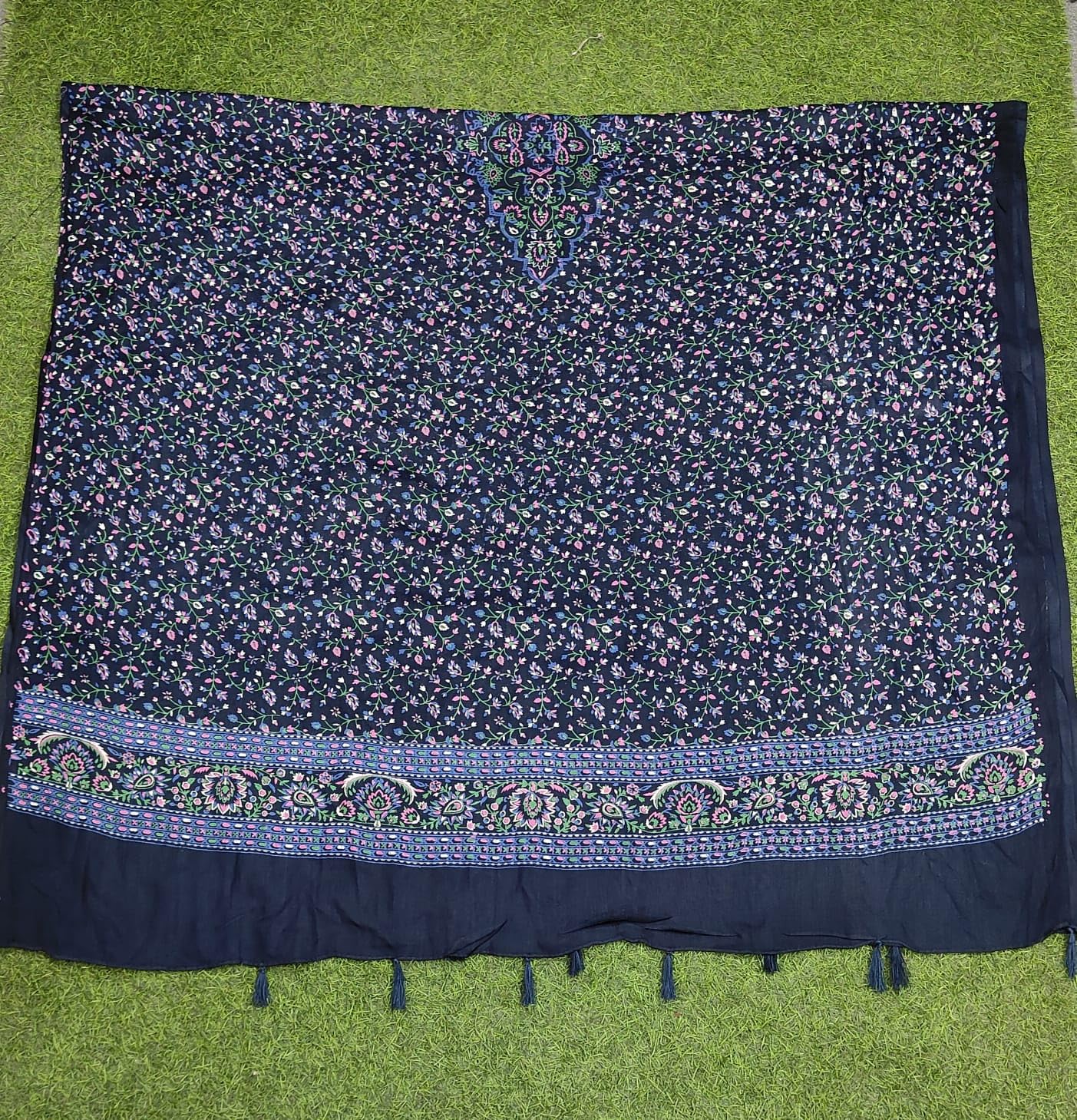 JAHAN TEXTILE Floral Printed Scarf for Women | Soft Lightweight Dupatta/Stole with Tassels | Elegant Ethnic & Casual Wear Wrap | Stylish Designer Shawl for All Seasons (Navyblue)
