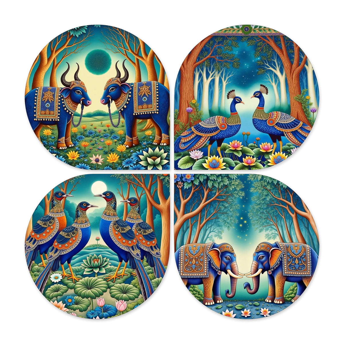 Artvibes Traditional Animal Wooden Wall Hanger for Home Decor | Living Room | Office | Cafe | Painting Wall Decor | Aesthetic Wooden Decor | Handcrafted Art | Ideal Gifts (WH_8456N), Set of 4