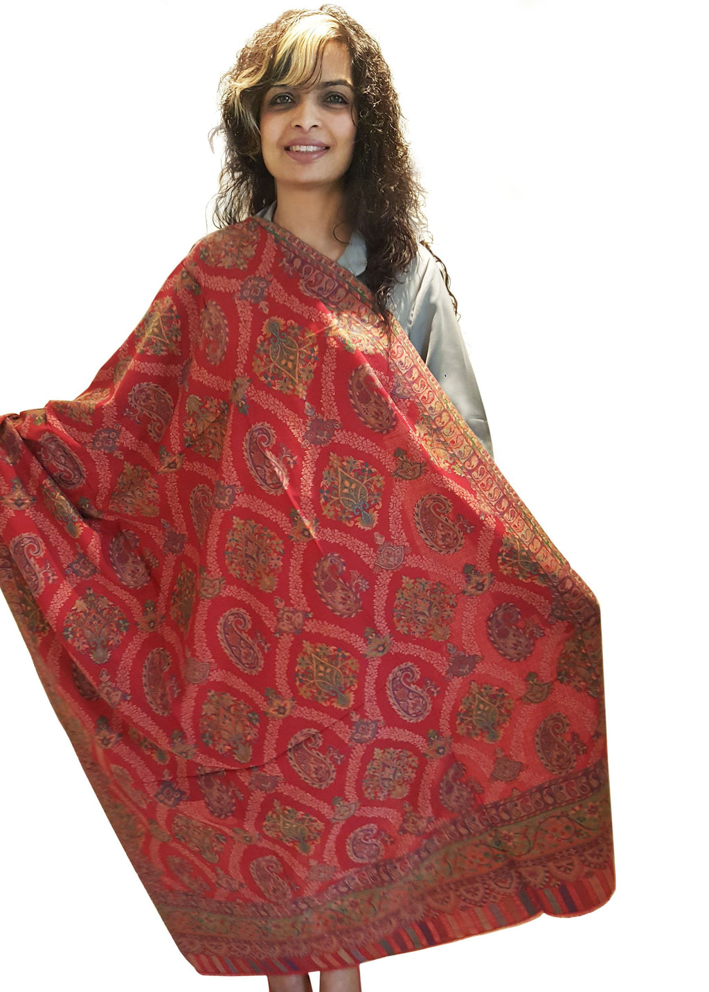 Mehrunnisa Jamawar Kani 100% Pure Wool Shawl Wrap From Kashmir (Red)