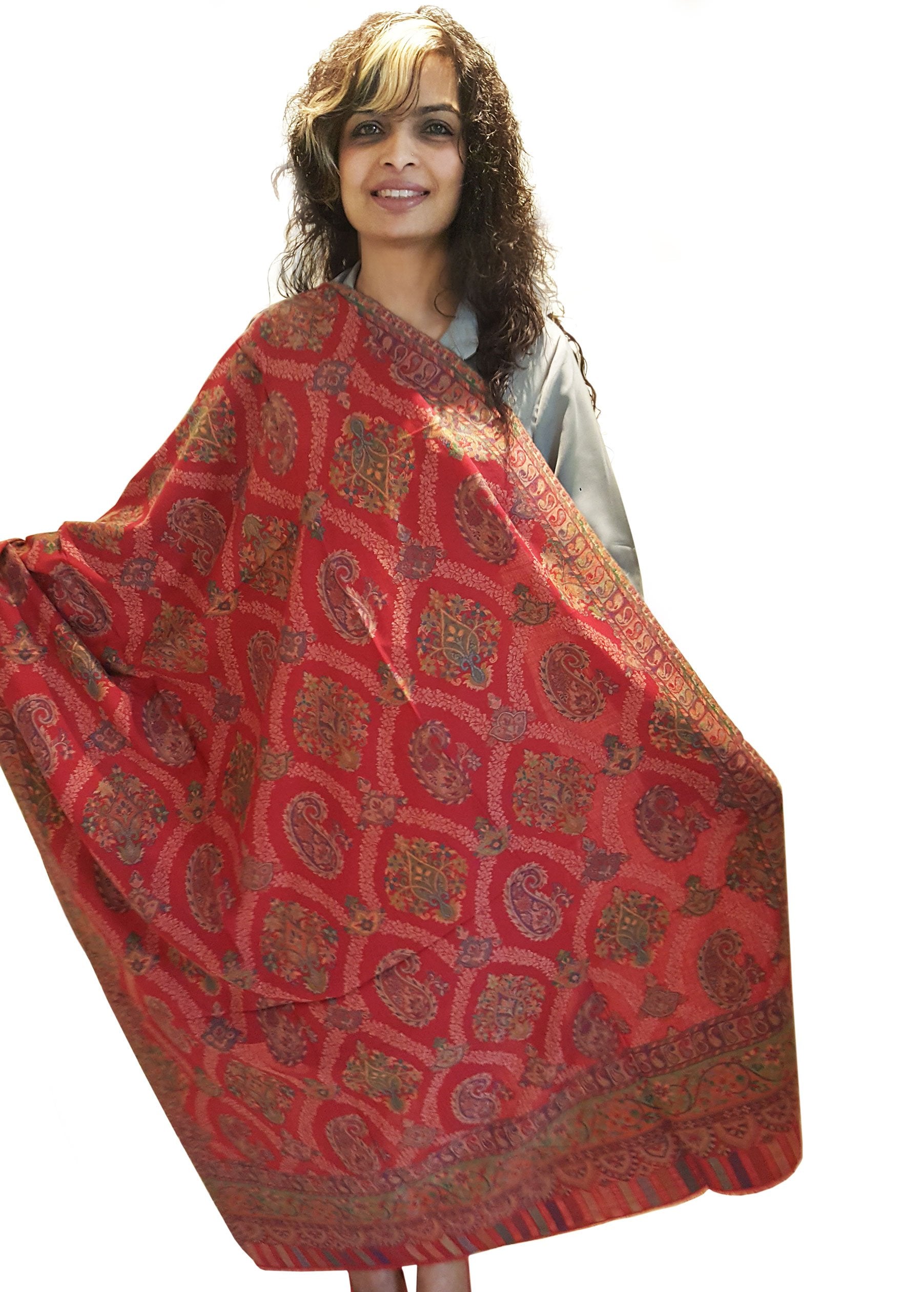 Mehrunnisa Jamawar Kani 100% Pure Wool Shawl Wrap From Kashmir (Red)
