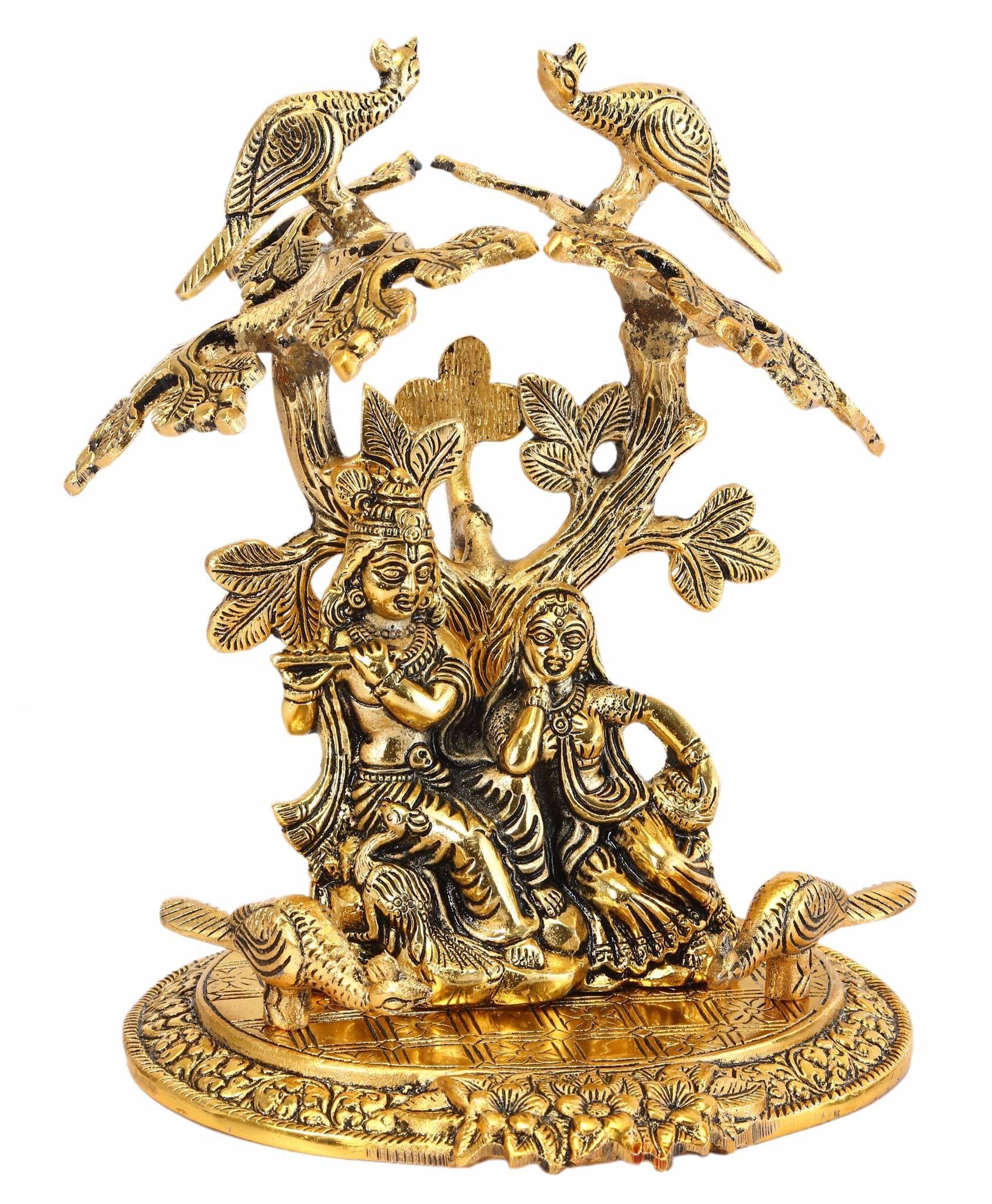Radha Krishna sittting Under Tree God Idols Gold Oxidized Finish for Home Decor for Diwali, Corporate Gift Return Gifts