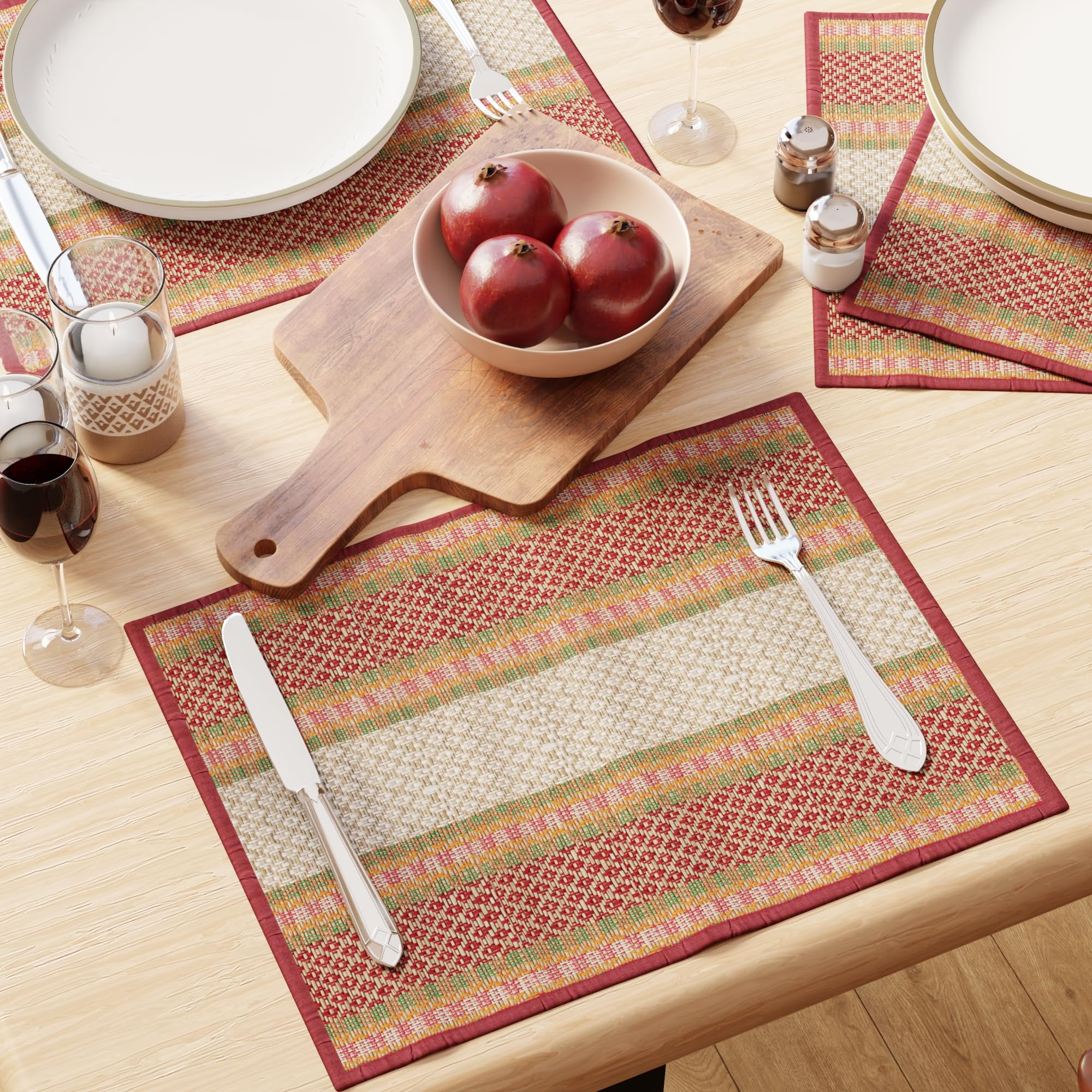 Encasa XO Handcrafted River Grass Table Placemats 4 Seater Red Kafalo