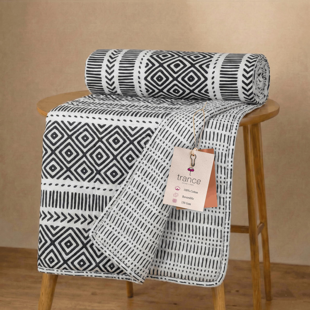 Trance Home Linen Premium 100% Cotton Dohar for Double Bed | 150 GSM | Reversible Ac Comforter | Light Weight All Season Soft Blanket (84x88 Inches | Aztec Black) Kafalo