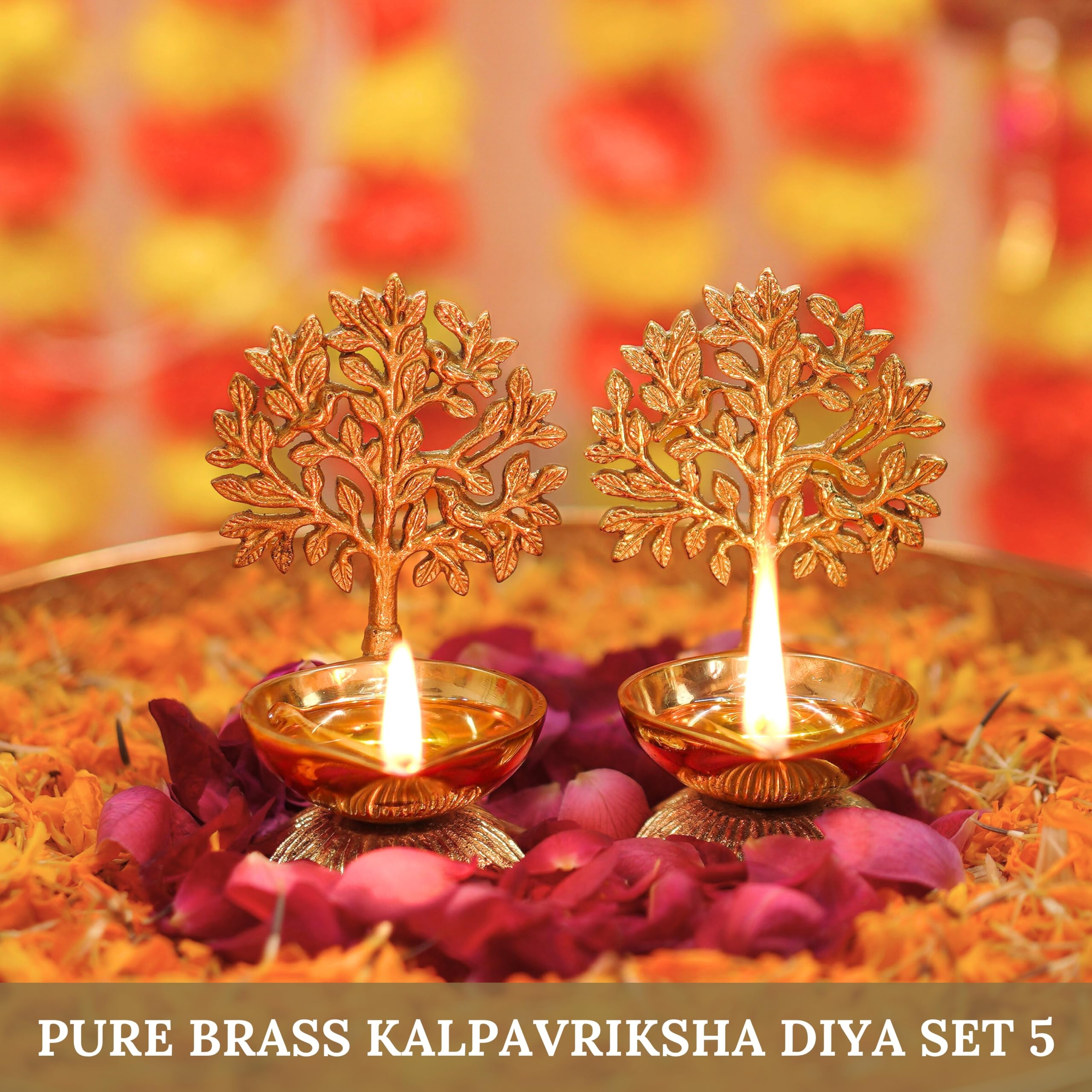 Behoma 100% Pure Brass Kalpvriksha Diya Set of 5 for Puja | Handcrafted Tree of Life Deepak for Mandir, Temple, Home Decor & Office | Decorative Brass Oil Lamp | Diwali Gift & Return Gift