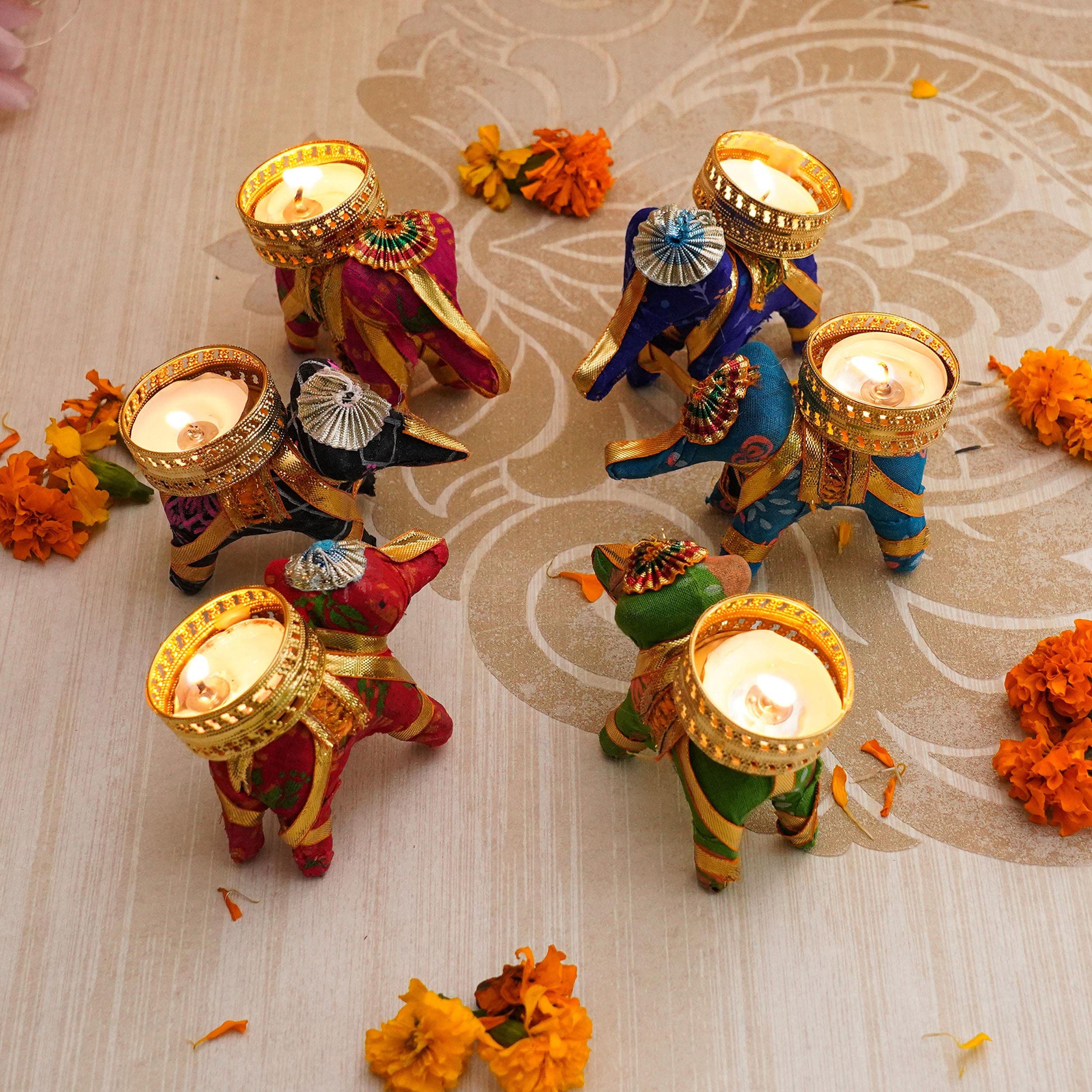 TIED RIBBONS Set of 6 Handcrafted Recycled Material Elephant Tealight Candle Holder for Diya Home Decoration (Multicolor, 8 X 5 X 10 cm) - Decor Items - Candles Diya for Home Decoration