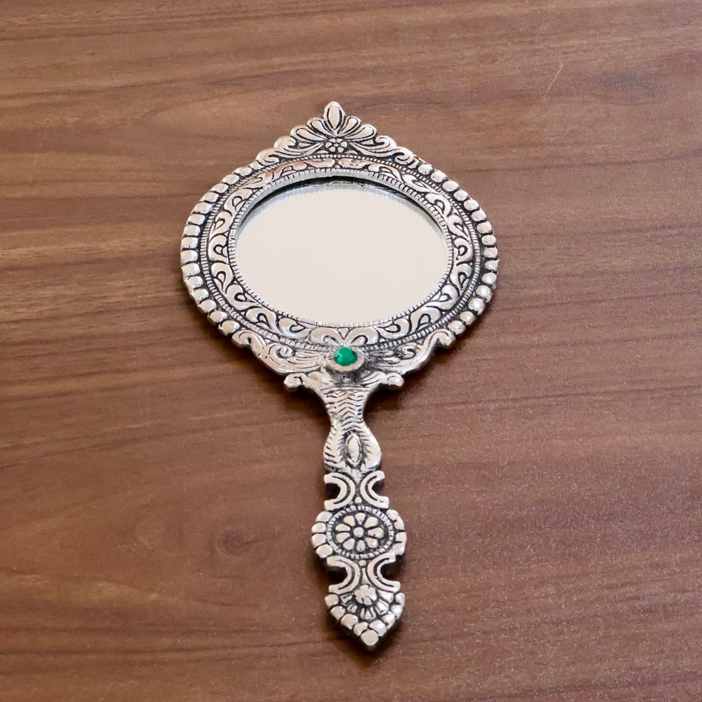 KridayKraft Beautifully Carved Round Shape Silver Plating Hand Mirror for Makeup, Travelling, Salon Mirror & Decorative Mirror Antique Item for Wedding Gifts.