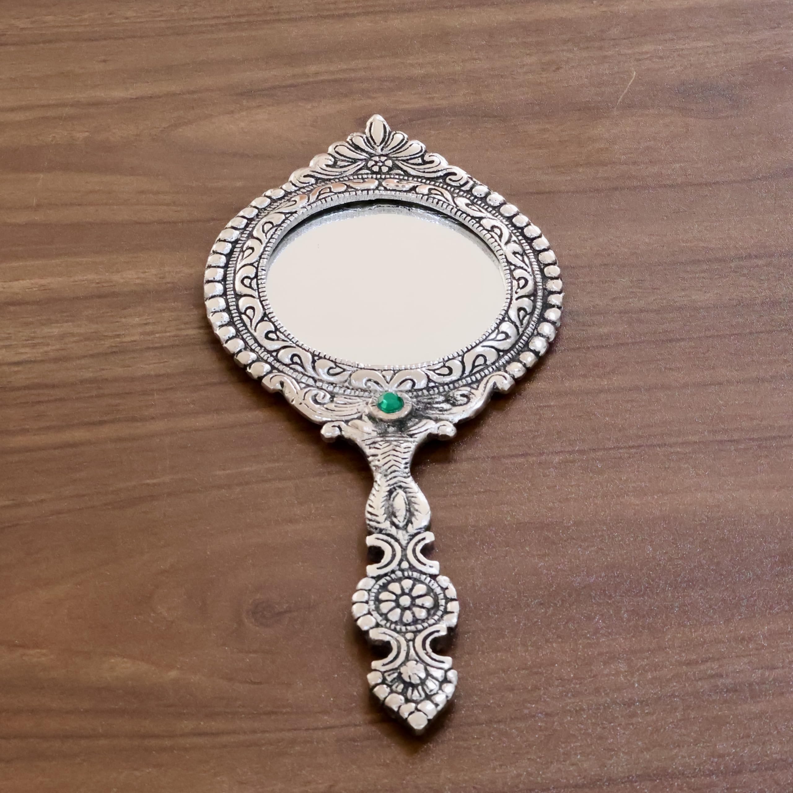 KridayKraft Beautifully Carved Round Shape Silver Plating Hand Mirror for Makeup, Travelling, Salon Mirror & Decorative Mirror Antique Item for Wedding Gifts.