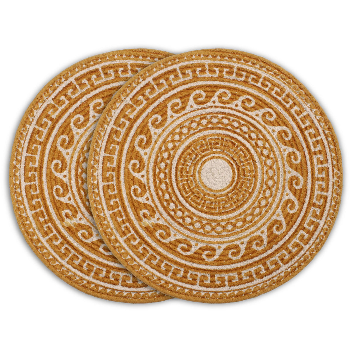 Encasa XO Dining Table Mats, Round Ribbed Cotton, Heat Resistant Mustard Kafalo