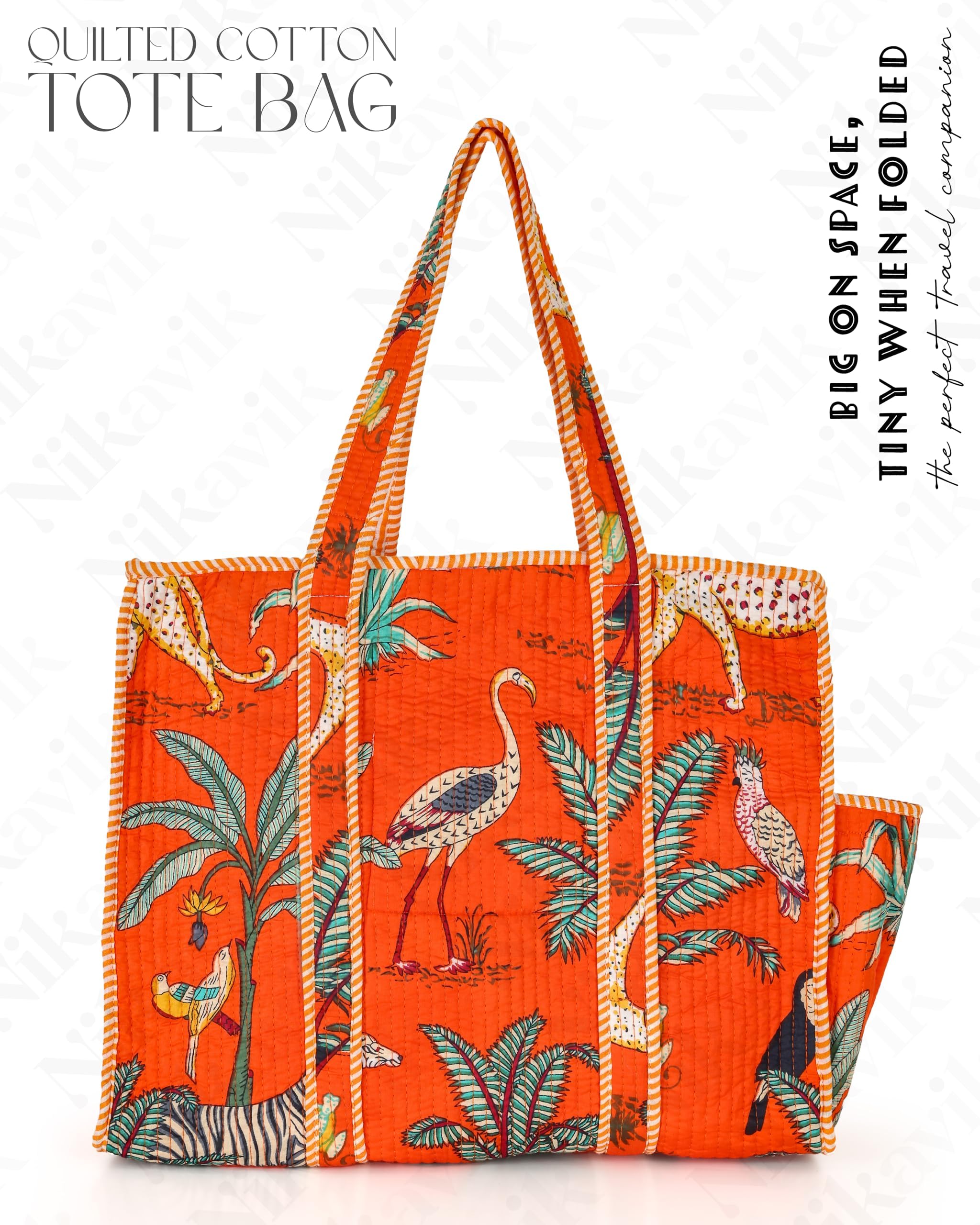 NIKAVIK Quilted Cotton Tote bag – Exotic Animal Print Foldable and Ideal for Travel Shopping Beach Trips or Daily Essentials (Orange)