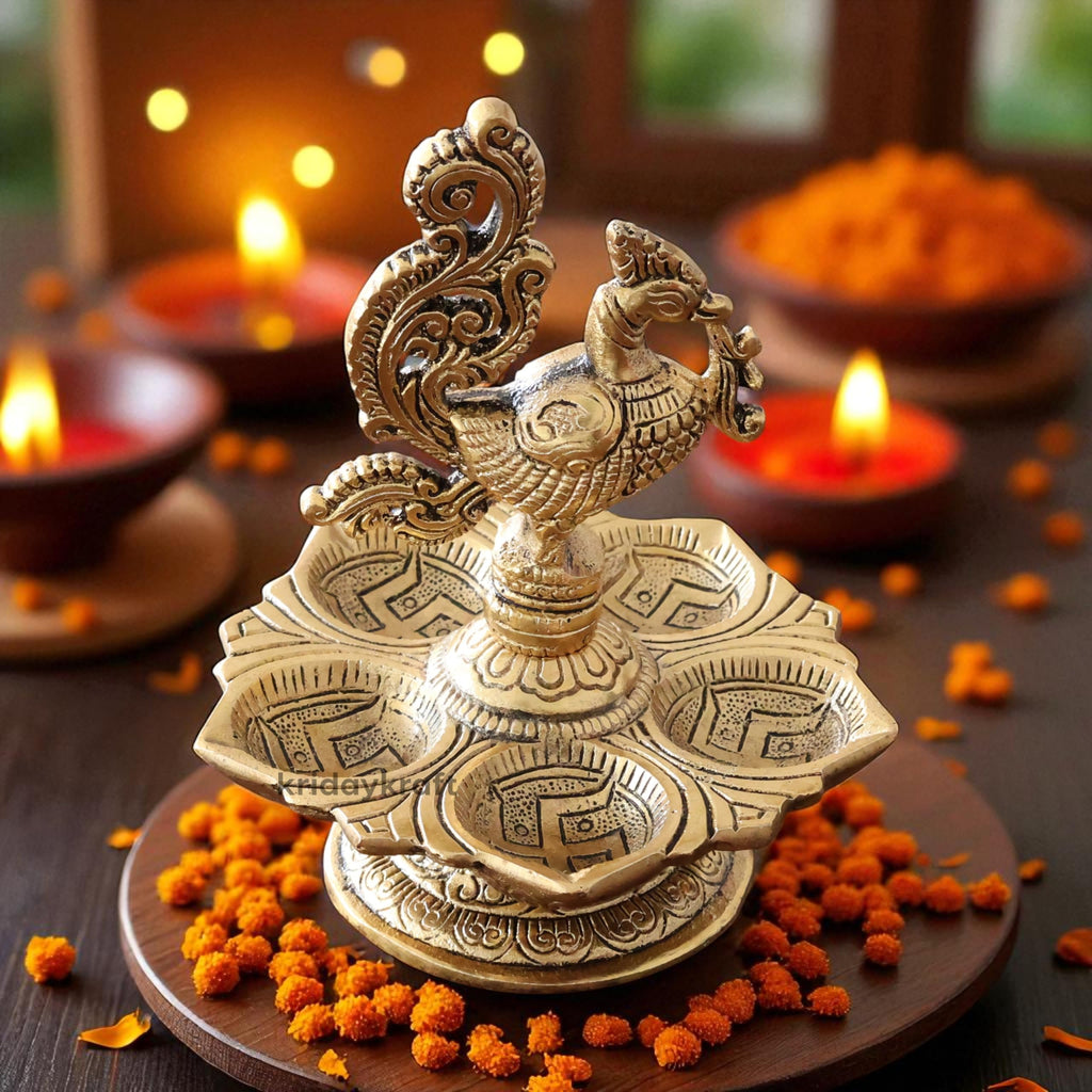 KridayKraft Metal Peacock 5-Wick Diya, 13 cm Aluminium Panch Aarti Oil Lamp/Deepak for Puja Room, Home Mandir, Diwali & Festive Decoration, Antique Gold Finish
