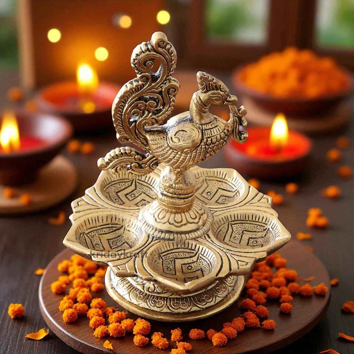 KridayKraft Metal Peacock 5-Wick Diya, 13 cm Aluminium Panch Aarti Oil Lamp/Deepak for Puja Room, Home Mandir, Diwali & Festive Decoration, Antique Gold Finish