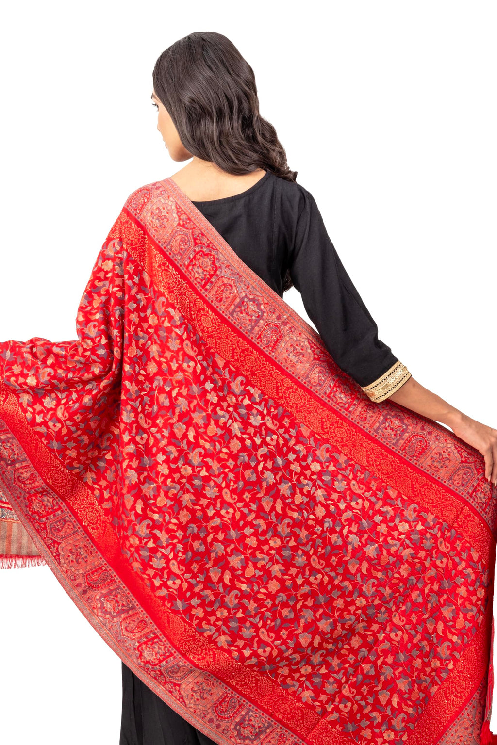 Naureen Women Faux Pashmina Kani Stole with Mughal Artwork and Zari Accents, Warm and Soft, 28x80 inch