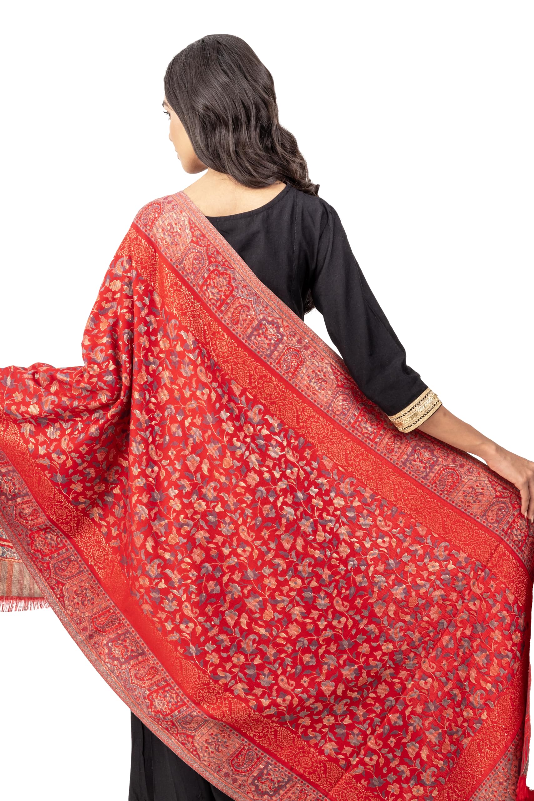 Naureen Women Faux Pashmina Kani Stole with Mughal Artwork and Zari Accents, Warm and Soft, 28x80 inch