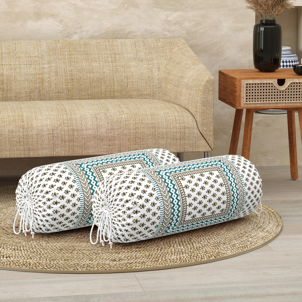 BLOCKS OF INDIA Cotton Hand Block Printed Bolster Cover | Booster Cover with Drawstring | Round Long Pillow Cover for Bed | Dewan Pillow Cover Set 16 X 32 | Set of 2 (Green BUTI)