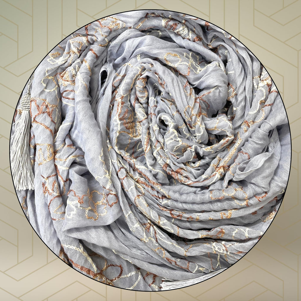 FAHABO Scarf Woman Pleated Cotton Scarves with Embroidery and Tassels | Hijab Scarf | Headscarf | Neck Scarf | Stoles | Wraps (Whisper Grey -1)