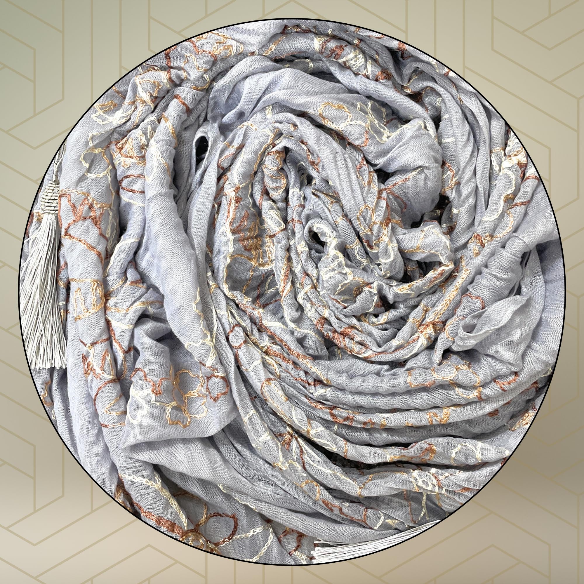 FAHABO Scarf Woman Pleated Cotton Scarves with Embroidery and Tassels | Hijab Scarf | Headscarf | Neck Scarf | Stoles | Wraps (Whisper Grey -1)