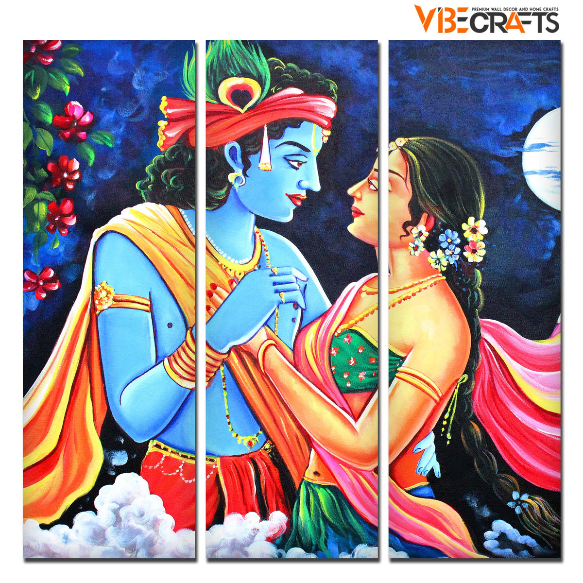 VIBECRAFTS 3 Pieces Shree Radha Krishna Canvas Wall Painting Fitted With Wooden Frame For Home | Office | Living Room | Gifts (PTVC3Pcs1_9544)