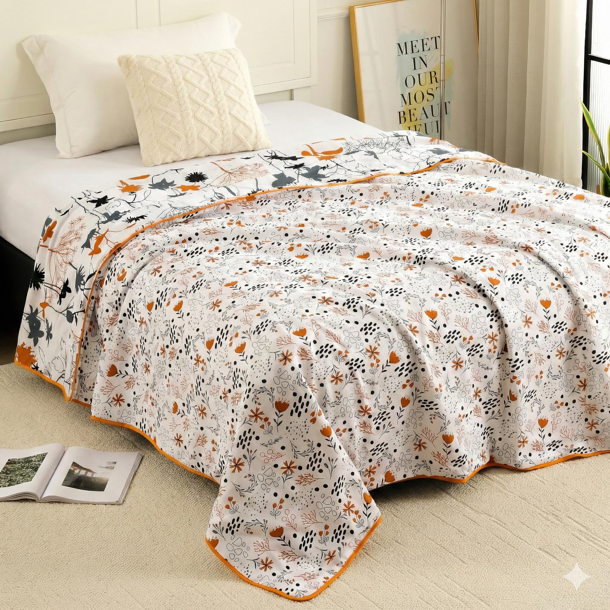 Story@Home Dohar Single Bed | 100% Cotton AC Blanket for Summer | 144x 220CM, 150GSM Ac Comforter Single Bed | AC Blanket for Summer | Grey & Yellow, Floral Duvet Quilt All-Season Blanket Kafalo