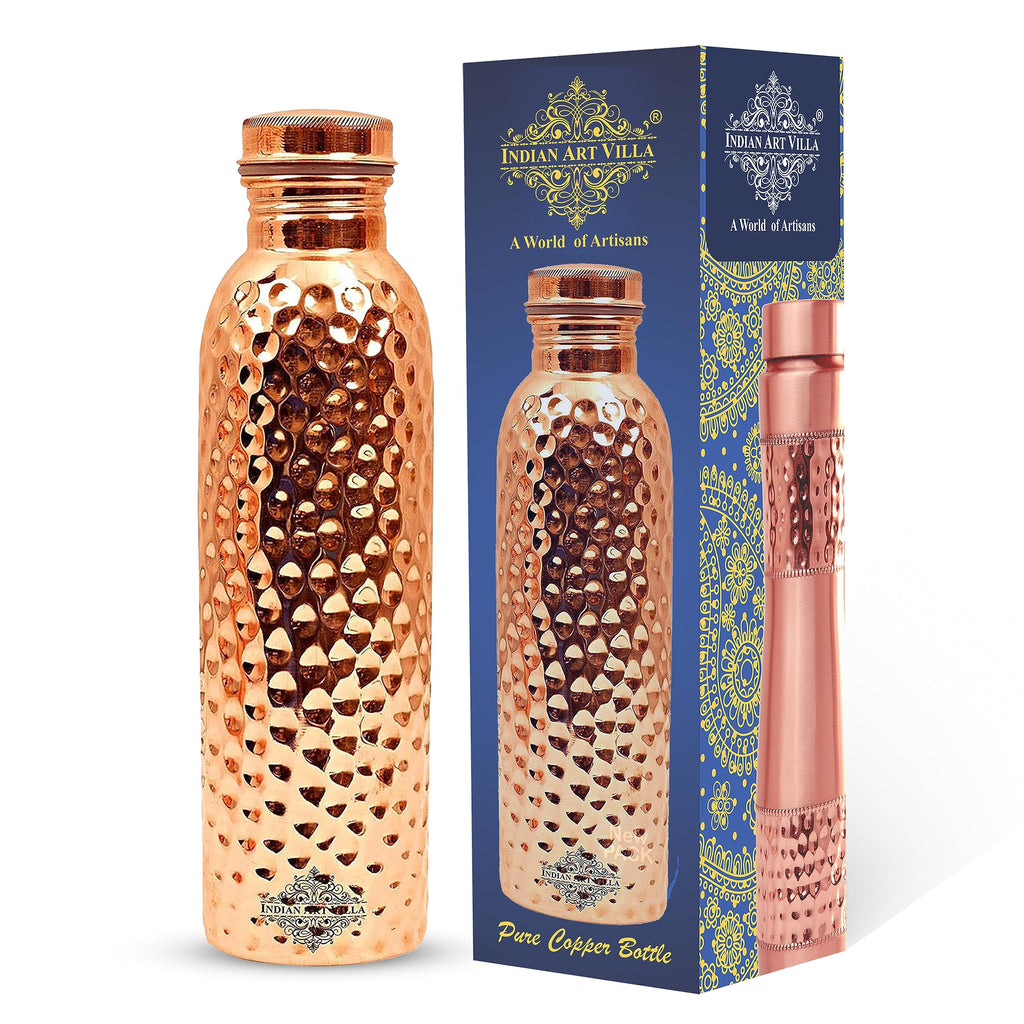 INDIAN ART VILLA Copper Hammered Design Water Bottle - 600 ML, Ayurvedic Health Benefits, Ideal for Home, Office, Gym, Travel, and Gifting, Pack of 1