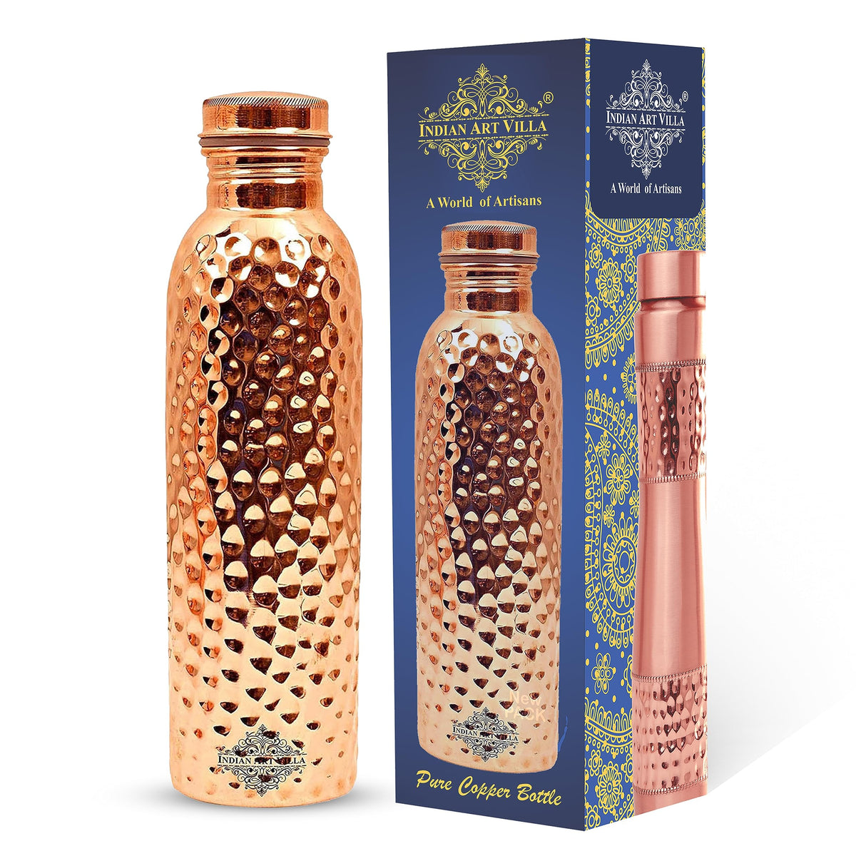 INDIAN ART VILLA Copper Hammered Design Water Bottle - 600 ML, Ayurvedic Health Benefits, Ideal for Home, Office, Gym, Travel, and Gifting, Pack of 1