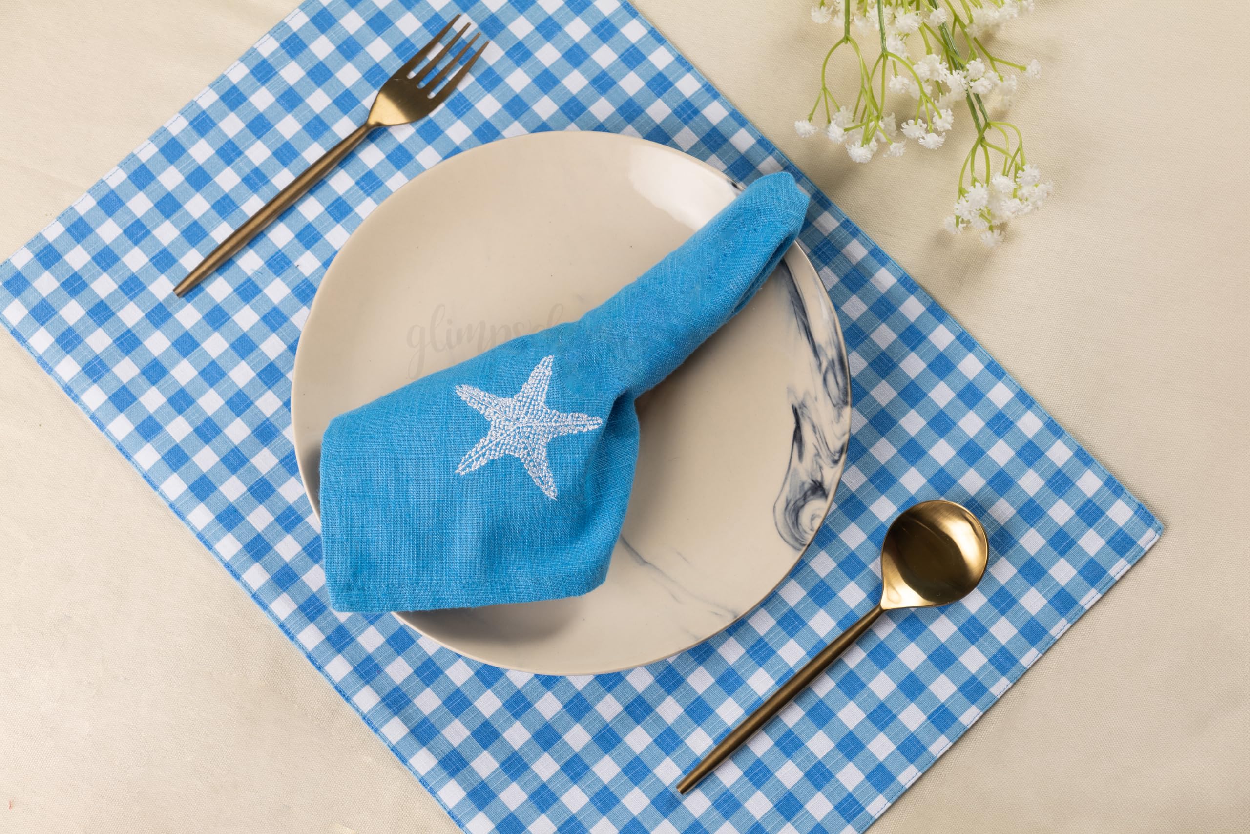Glimpse Homes Embroidered Cotton Slub Table Napkins and Placemats Combo (Starfish Soiree, Set of 4) Kafalo