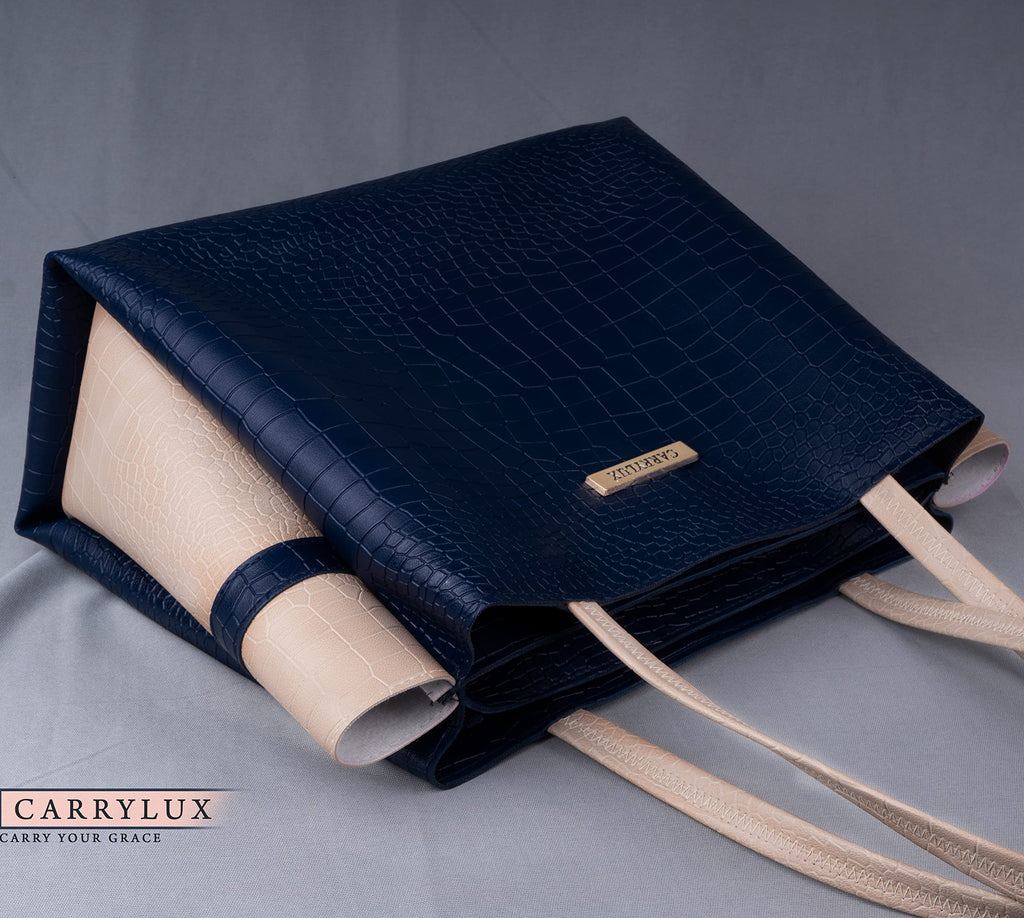 Carrylux Dual Tone Large Capacity Croco Pattern Western Tote Handbags Purses Shoulder Bag For Womens (Navy Blue)
