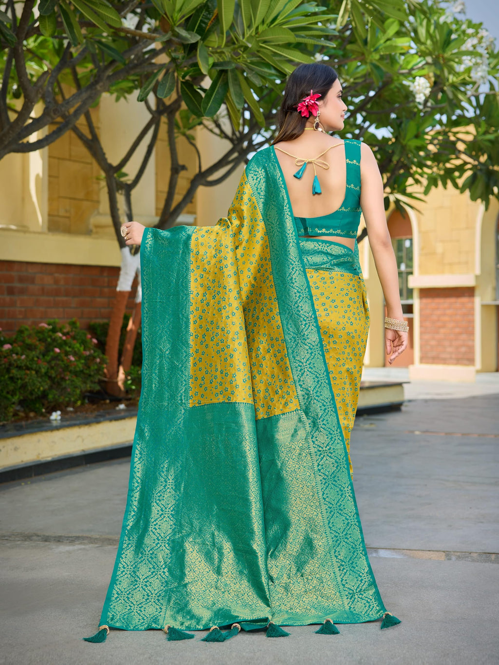 MANOHARI Banarasi Satin Silk Blend Saree for Women | Floral Zari Woven Saree with Mustard Color and Turquoise Blue Border & Tassels with Elegance look_MN2080