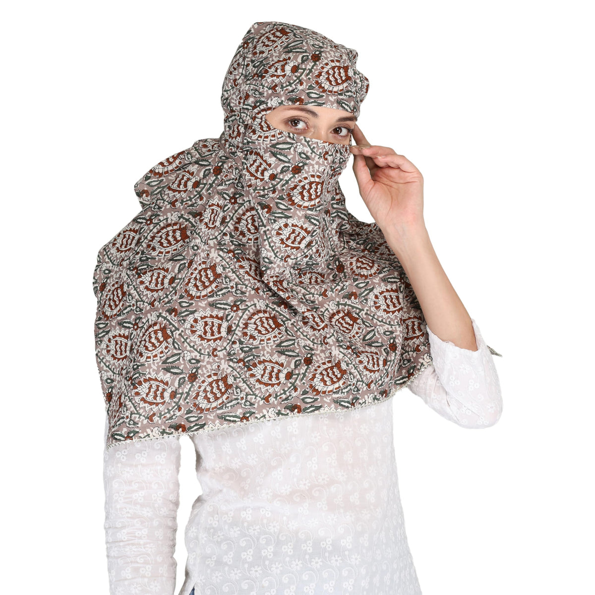 DEEPNYRA - LIVING STYLE Scarf Face Full Covering With Mask Head Hair Wrap Sun Protection For Women Cotton Printed Square All Season Wear (MULTIKATHA)