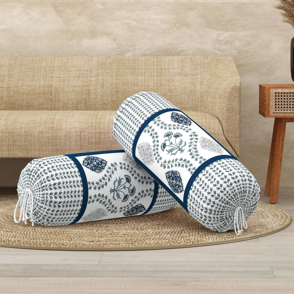 BLOCKS OF INDIA Cotton Hand Block Printed Bolster Cover | Booster Cover with Drawstring | Round Long Pillow Cover for Bed | Dewan Pillow Cover Set 16 X 32 | Set of 2 (Royal Motifs Blue)