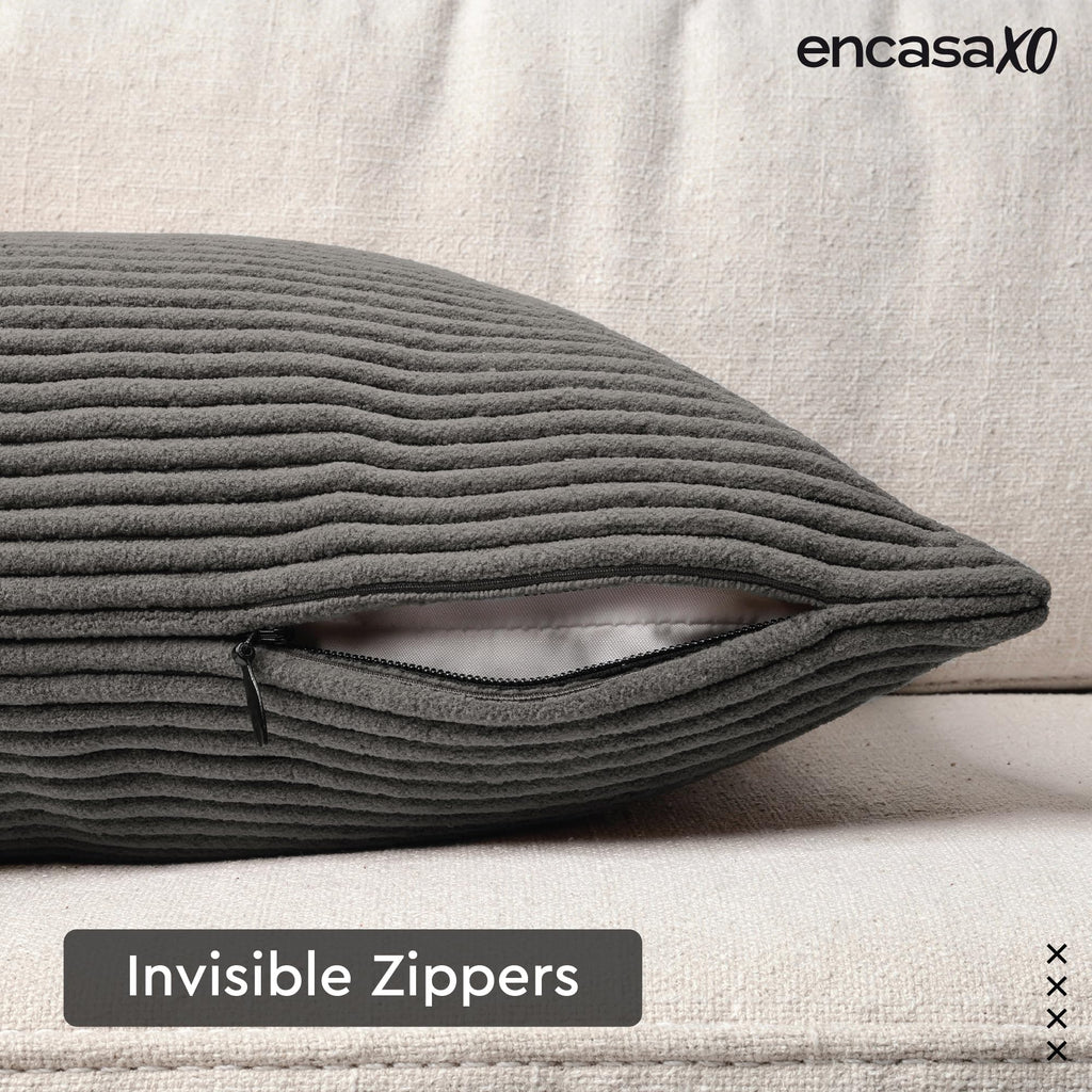 Encasa XO Corduroy Cushion Covers, No Inserts, Set of 2, Dark Grey